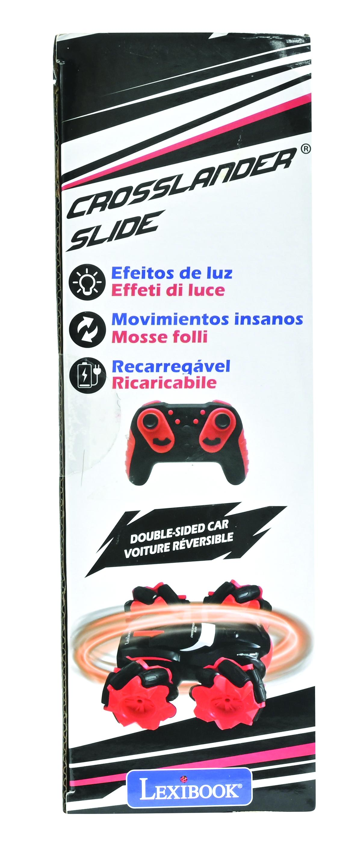 Caja de coche de juguete, ilustración de coche rojo y negro, texto en varios idiomas.