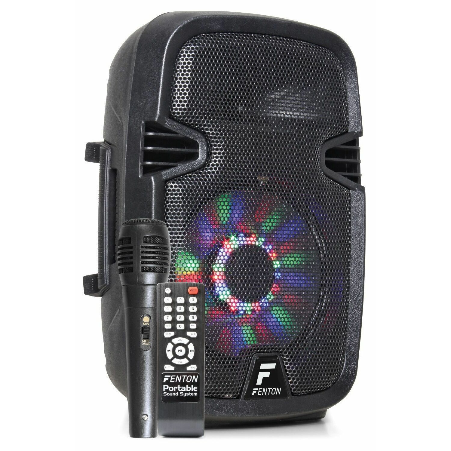Altoparlante portatile nero con microfono e telecomando su bianco.
