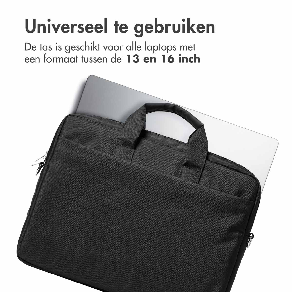 Zwarte laptoptas, met een laptop erin. Tekst: 'Universeel te gebruiken'.