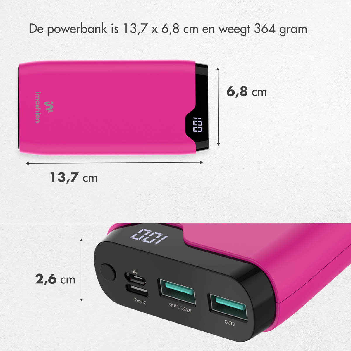Rosa Powerbank mit Abmessungen und Gewicht beschriftet. Weißer Hintergrund.