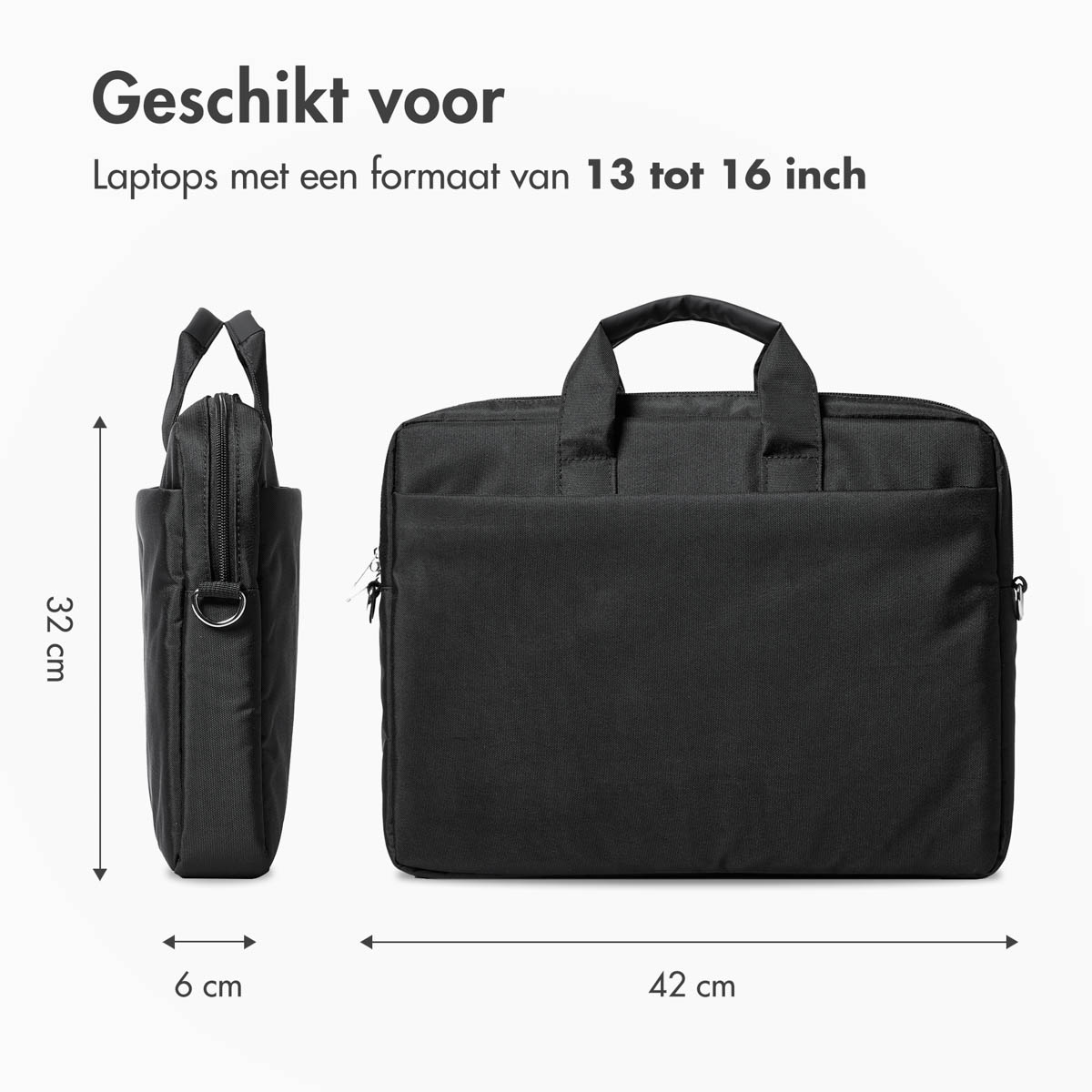 Laptoptas met afmetingen. Zwarte tas met handvat en een zijaanzicht.
