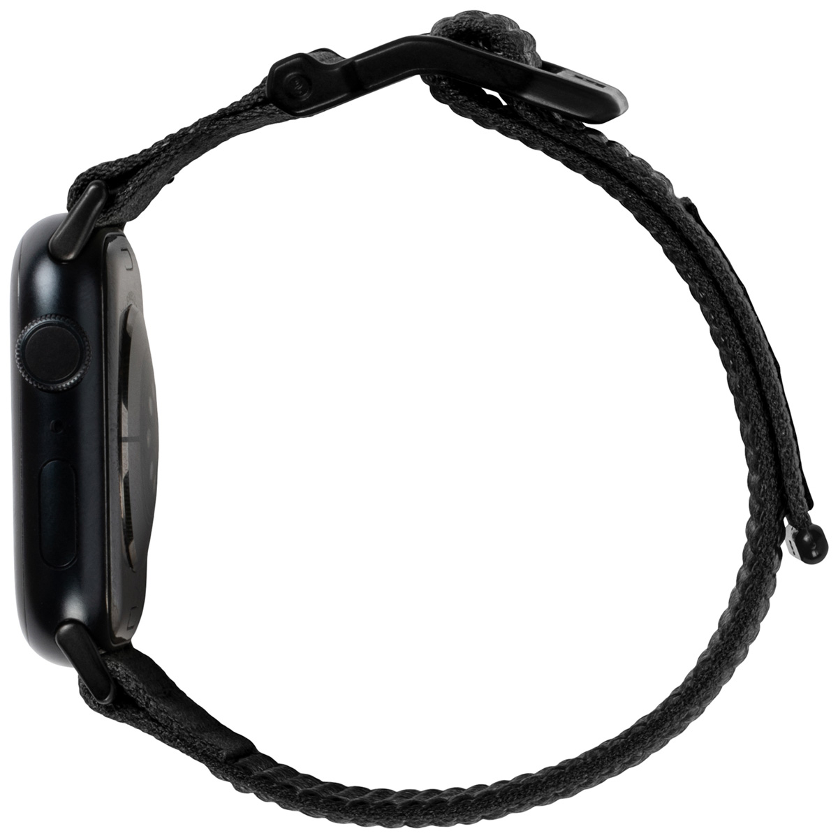 Un Apple Watch negro con una correa negra. El reloj se ve de lado.