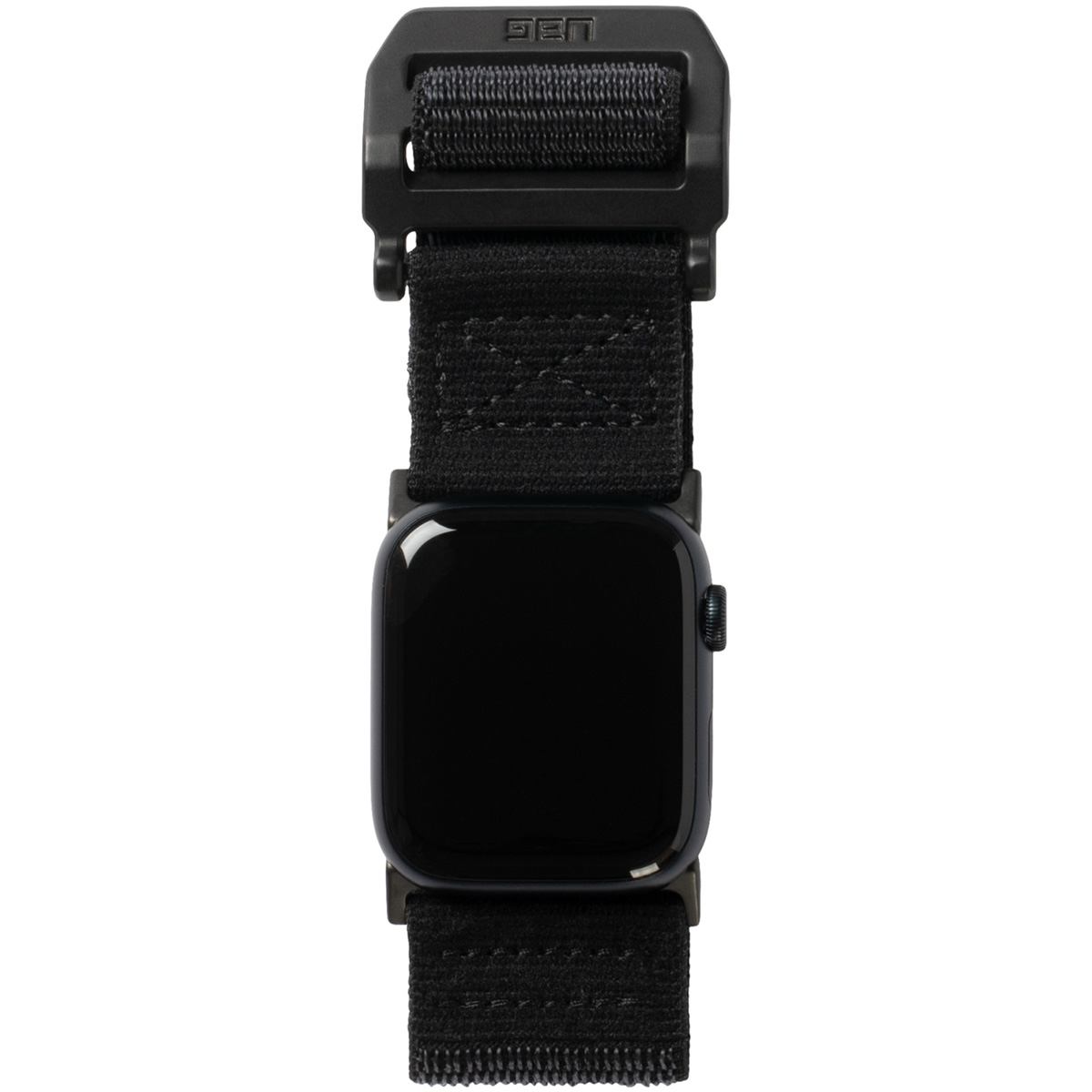 Correa de reloj negra con reloj. La correa tiene costuras coloridas. El reloj es negro.