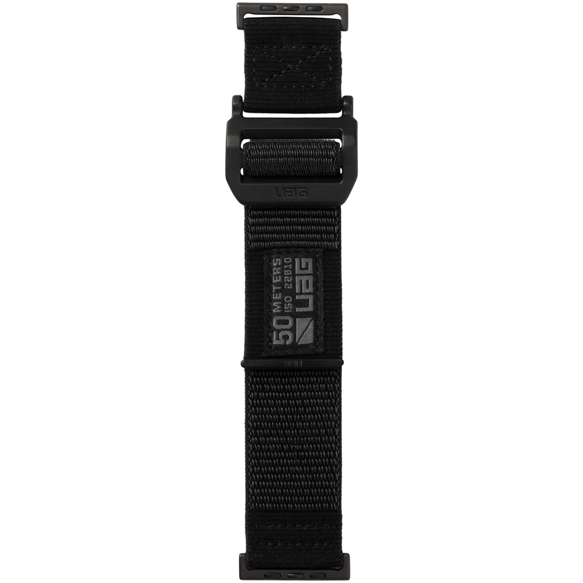 Una correa de reloj UAG negra, plana, con hebilla metálica y correa de tela.