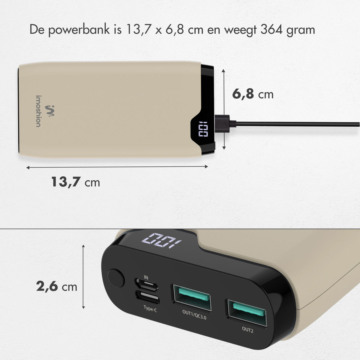 Batterie externe beige avec dimensions et ports de charge.