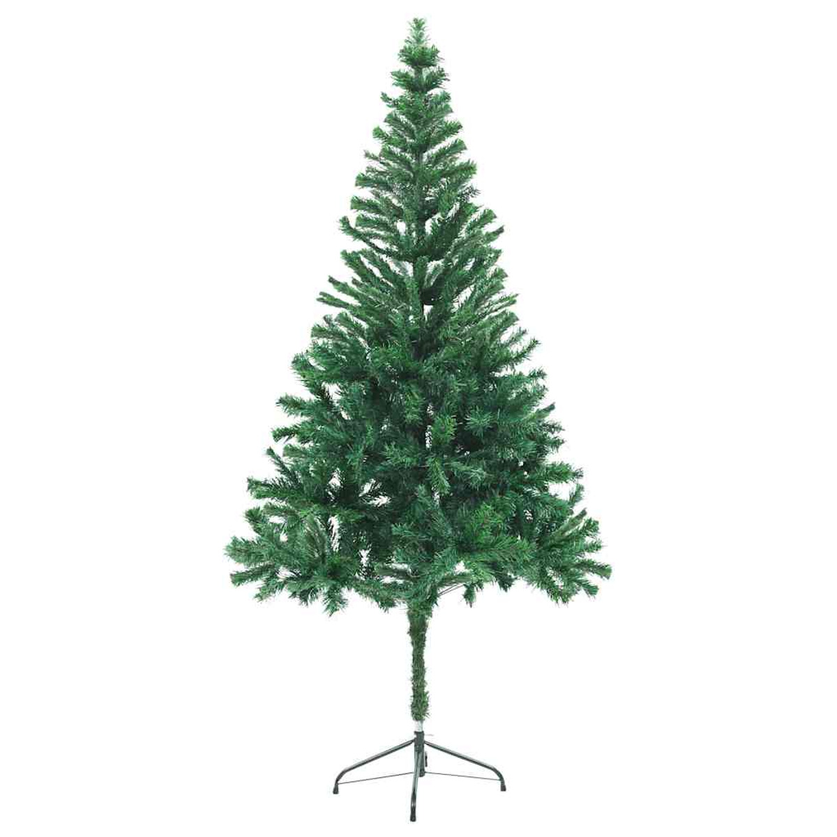 Ein grüner Weihnachtsbaum vor weißem Hintergrund. Der Baum ist kahl und hat einen einfachen Metallständer.