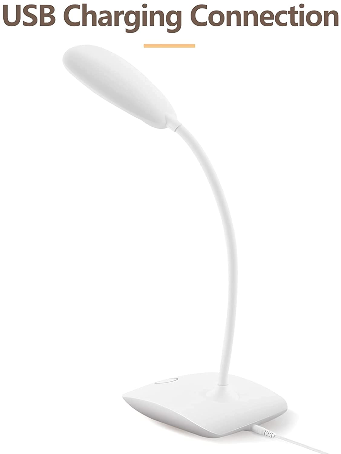 Biała lampa biurkowa z zakrzywioną szyjką i podstawą. Etykieta głosi 'USB Charging Connection'.