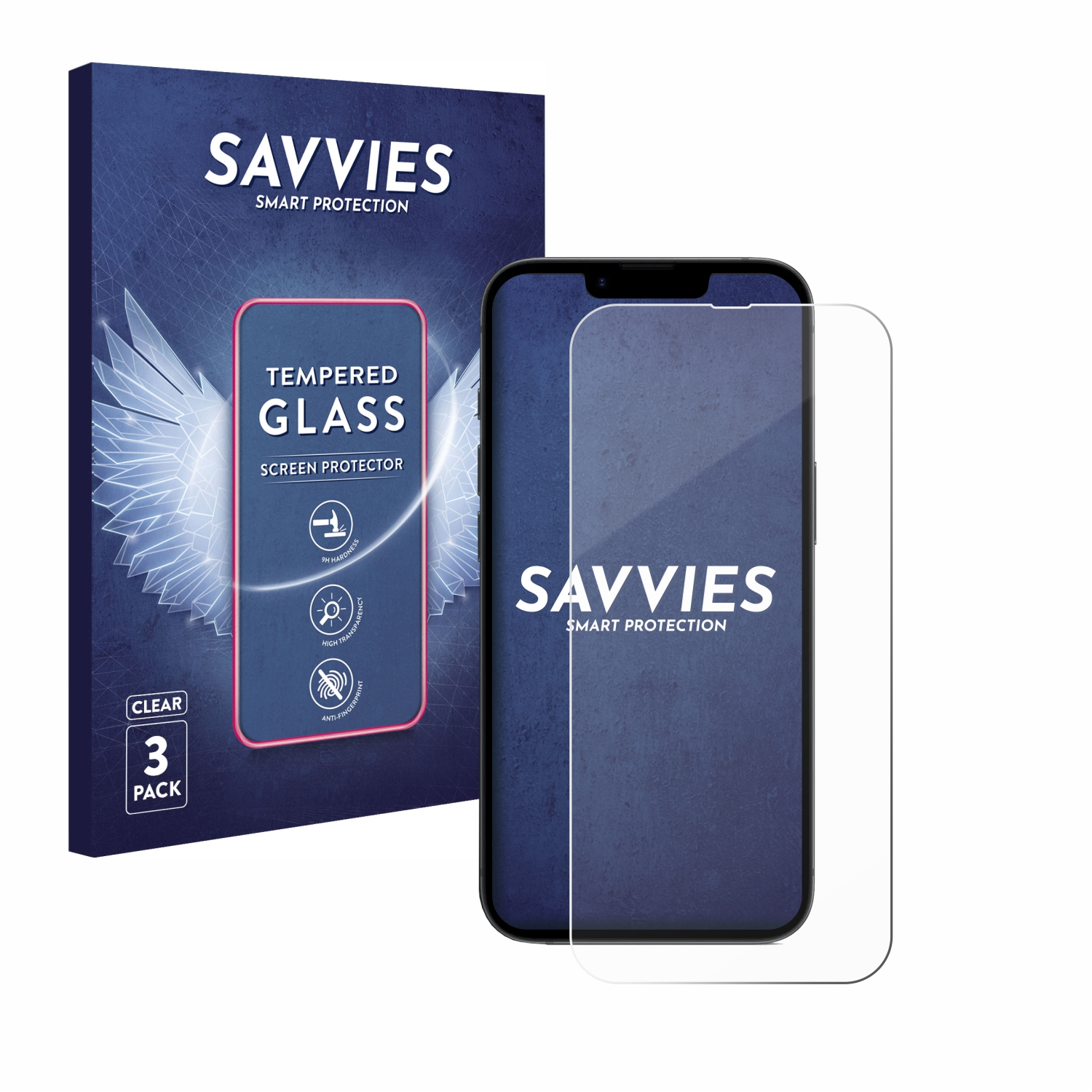 Box und Displayschutzfolie für ein Telefon. Klar, mit dem Markennamen SAVVIES. Weißer Hintergrund.