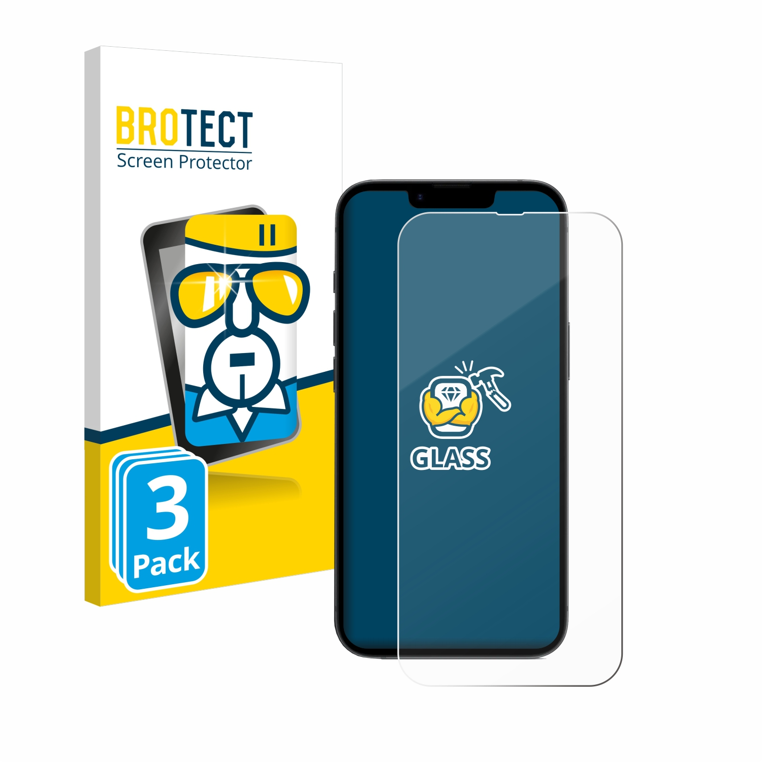 Schutzfolienbox mit Telefon und Folie. Auf der Box steht BROTECT und 3er-Pack.