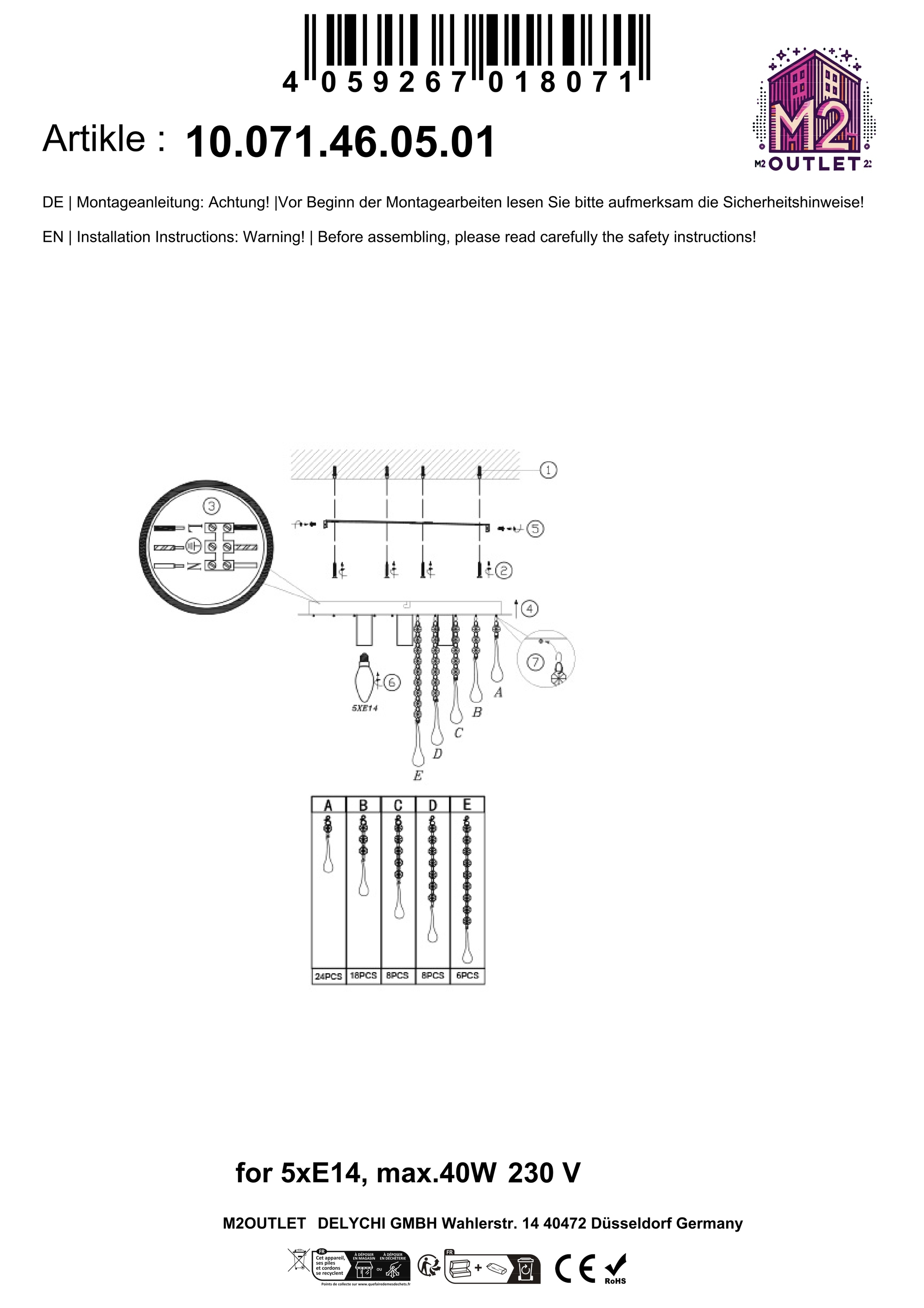Technische Zeichnung mit Text und Diagrammen für eine Leuchte.