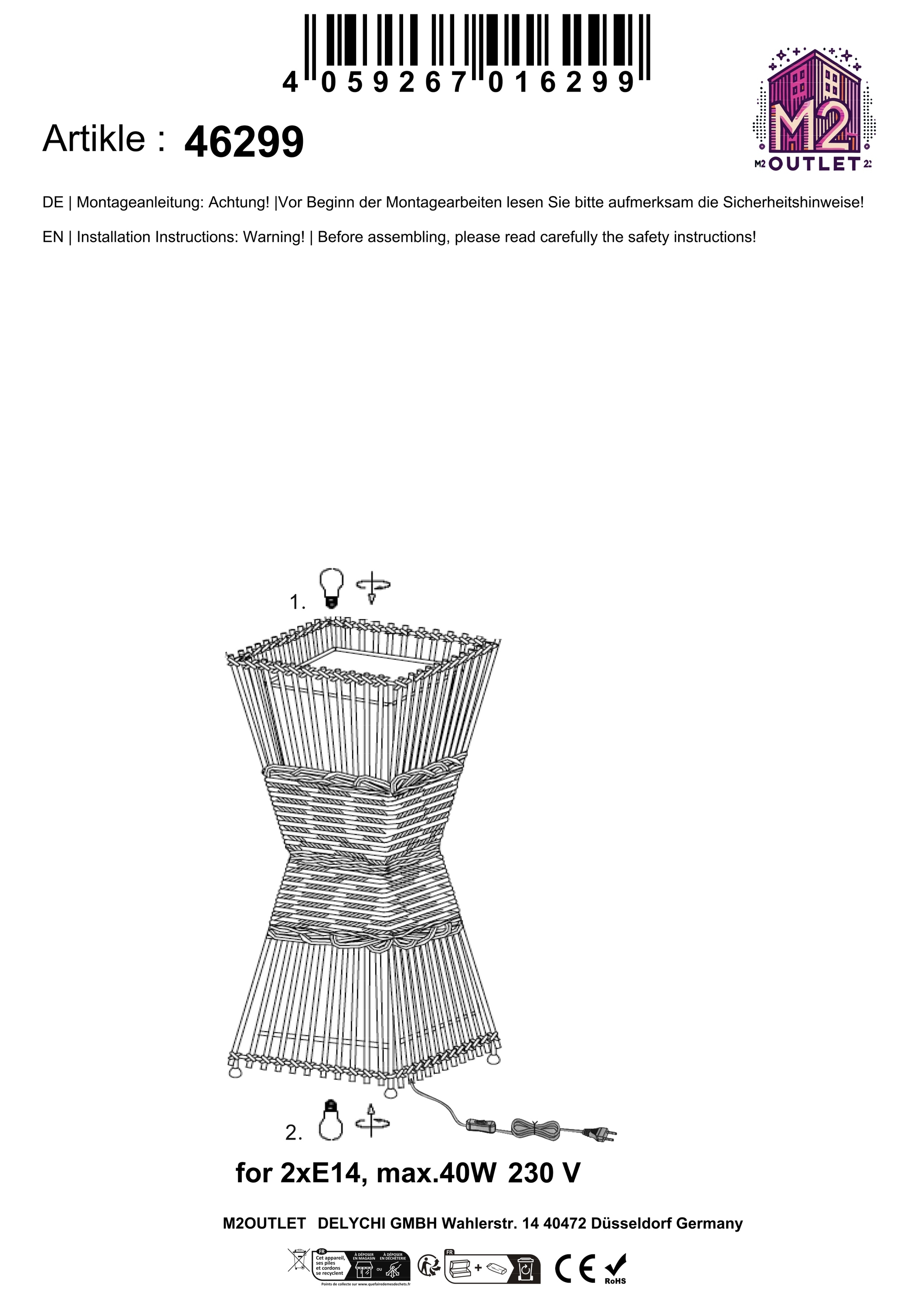 Strichzeichnung einer Lampe mit Anweisungen. Text in mehreren Sprachen. Die Lampe ist ein gewebtes Design.