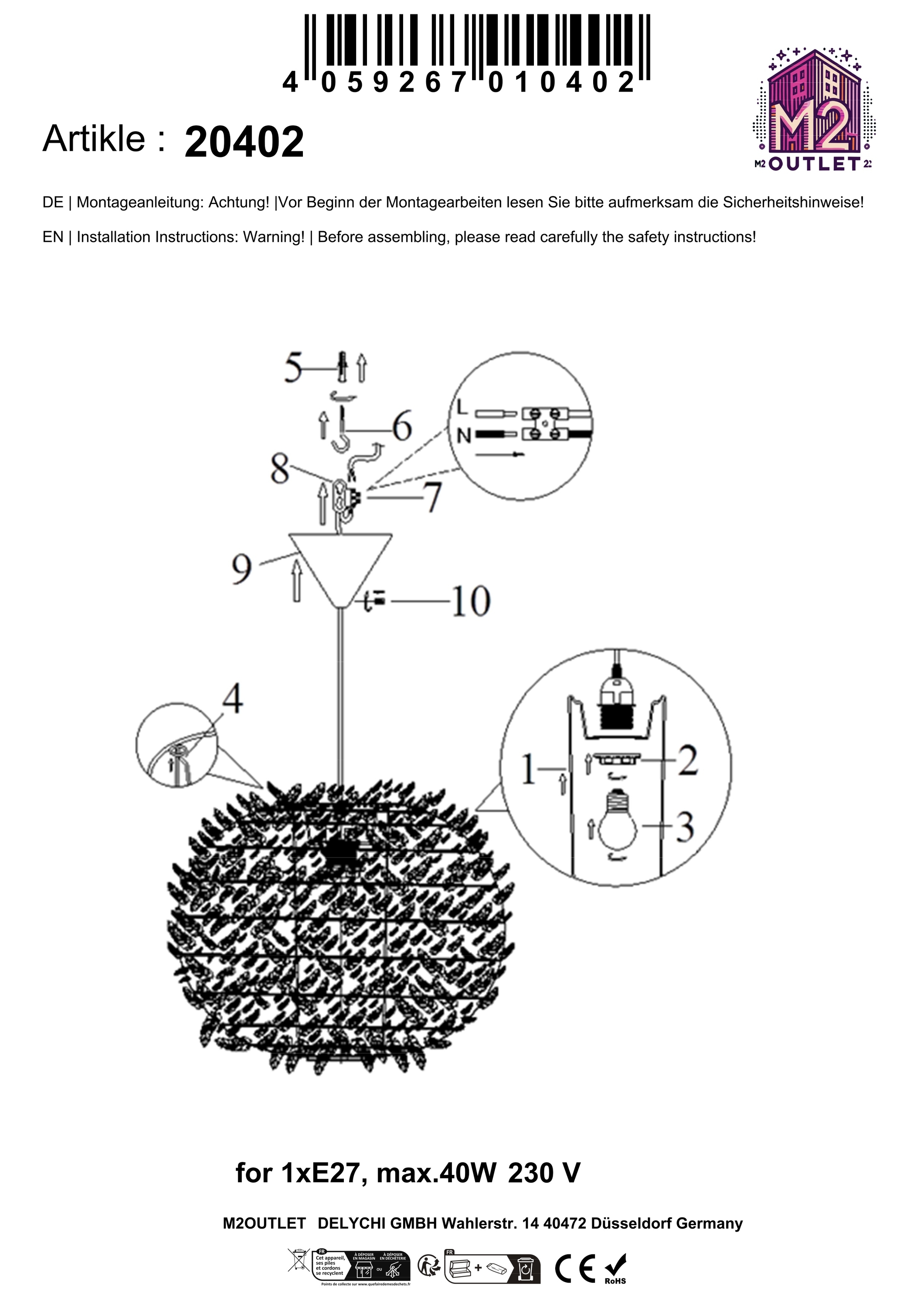Diagramm einer Pendelleuchte mit Etiketten, Anweisungen und einem Barcode. Weißer Hintergrund.