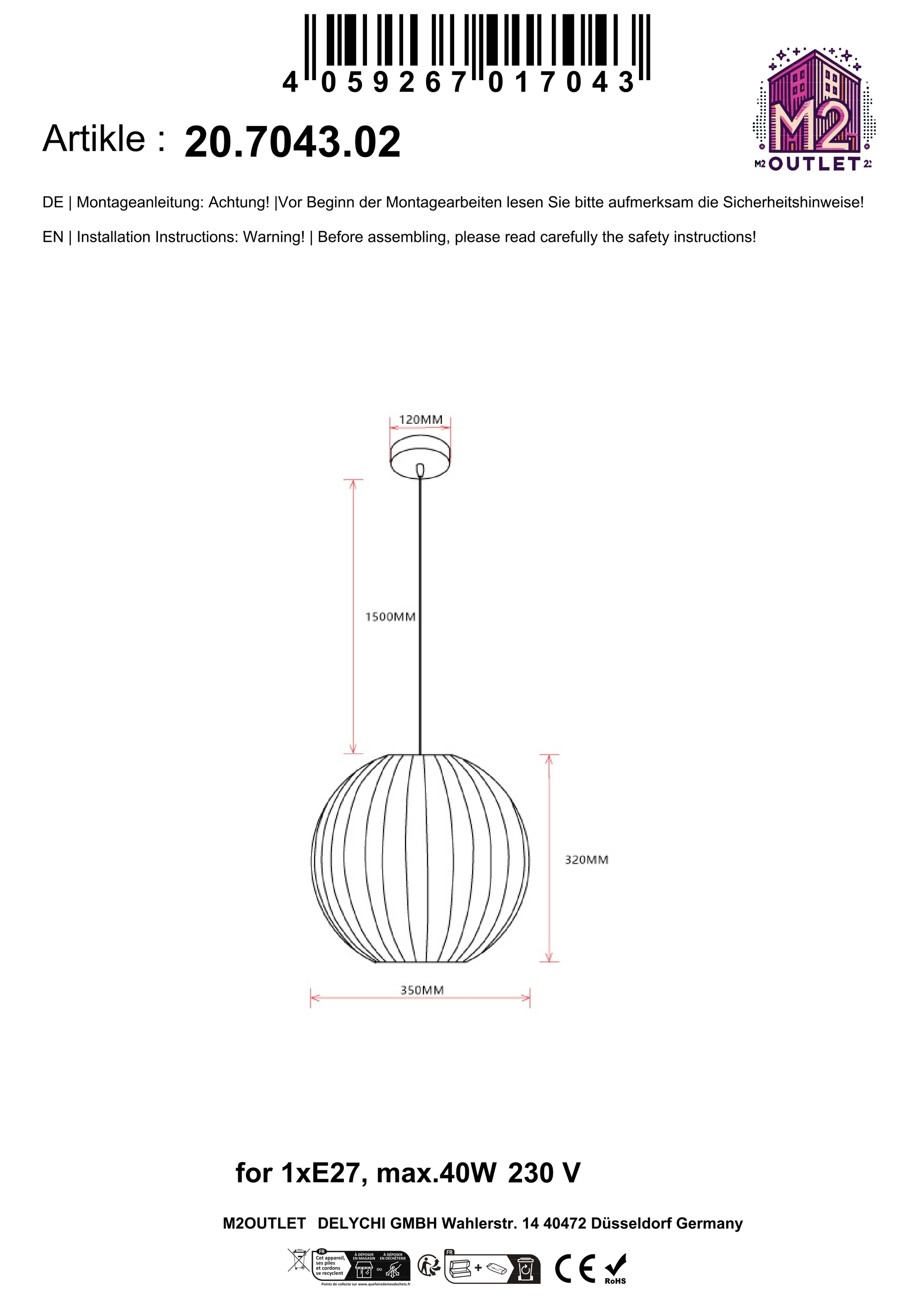 Pendelleuchte: Kugelform, weiß mit Linien. Abmessungen, Anweisungen und Markendetails angezeigt.