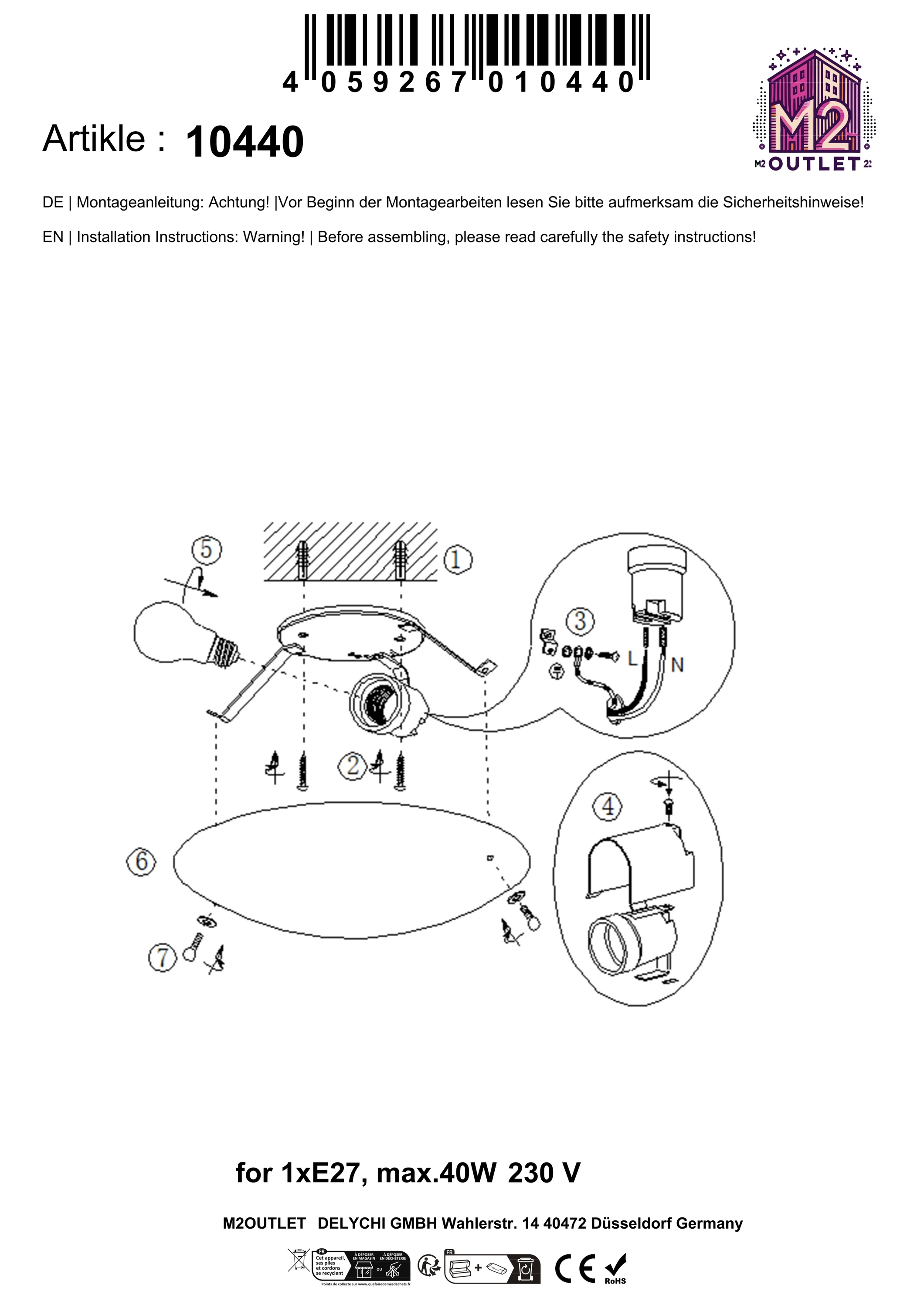 Ein Diagramm mit Anweisungen zum Zusammenbau einer Leuchte. Zeigt Teile, Schrauben und Anschlusspunkte.