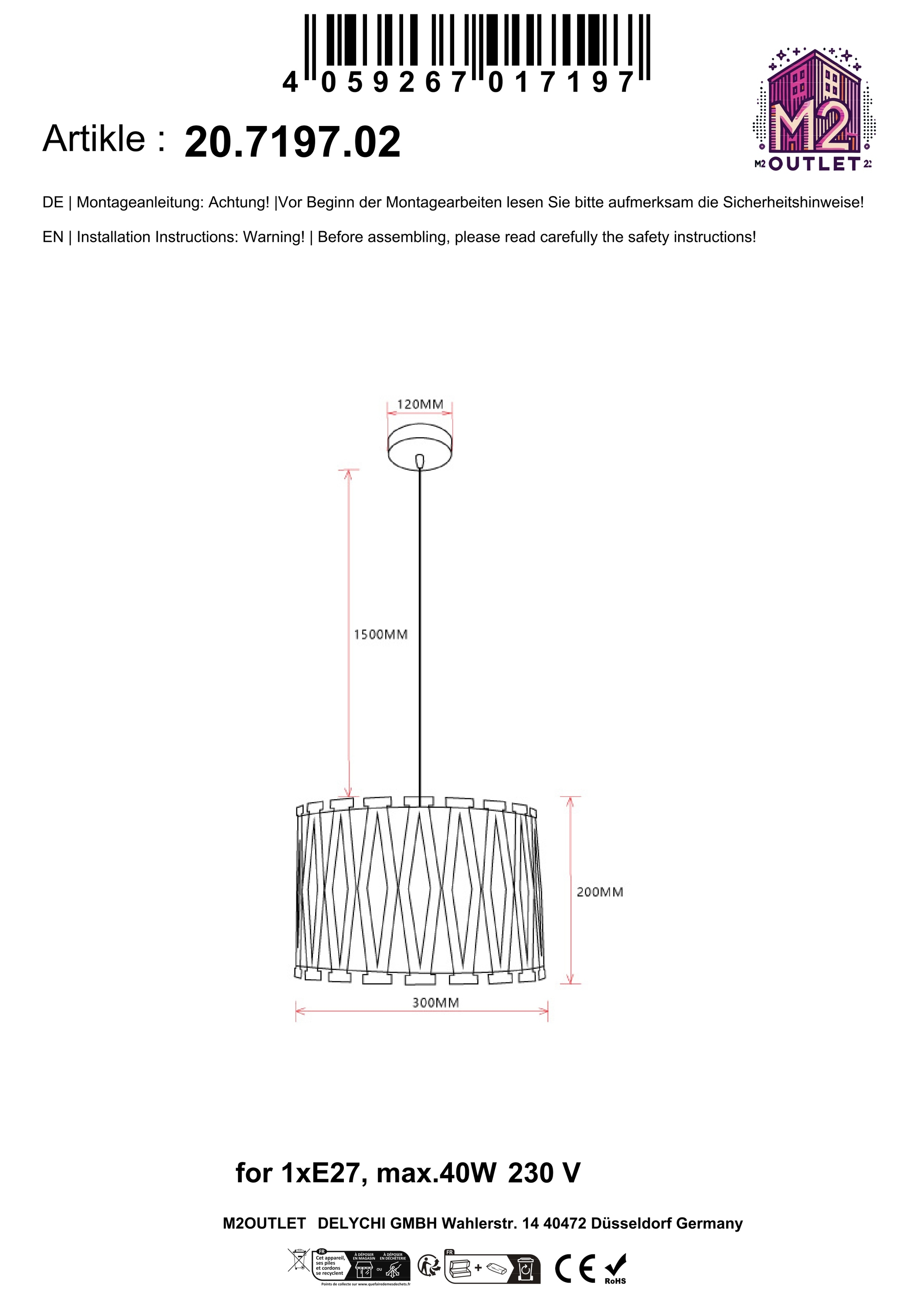 Diagramm einer Hängelampe. Maße sind enthalten. Schwarz und weiß. Weißer Hintergrund.