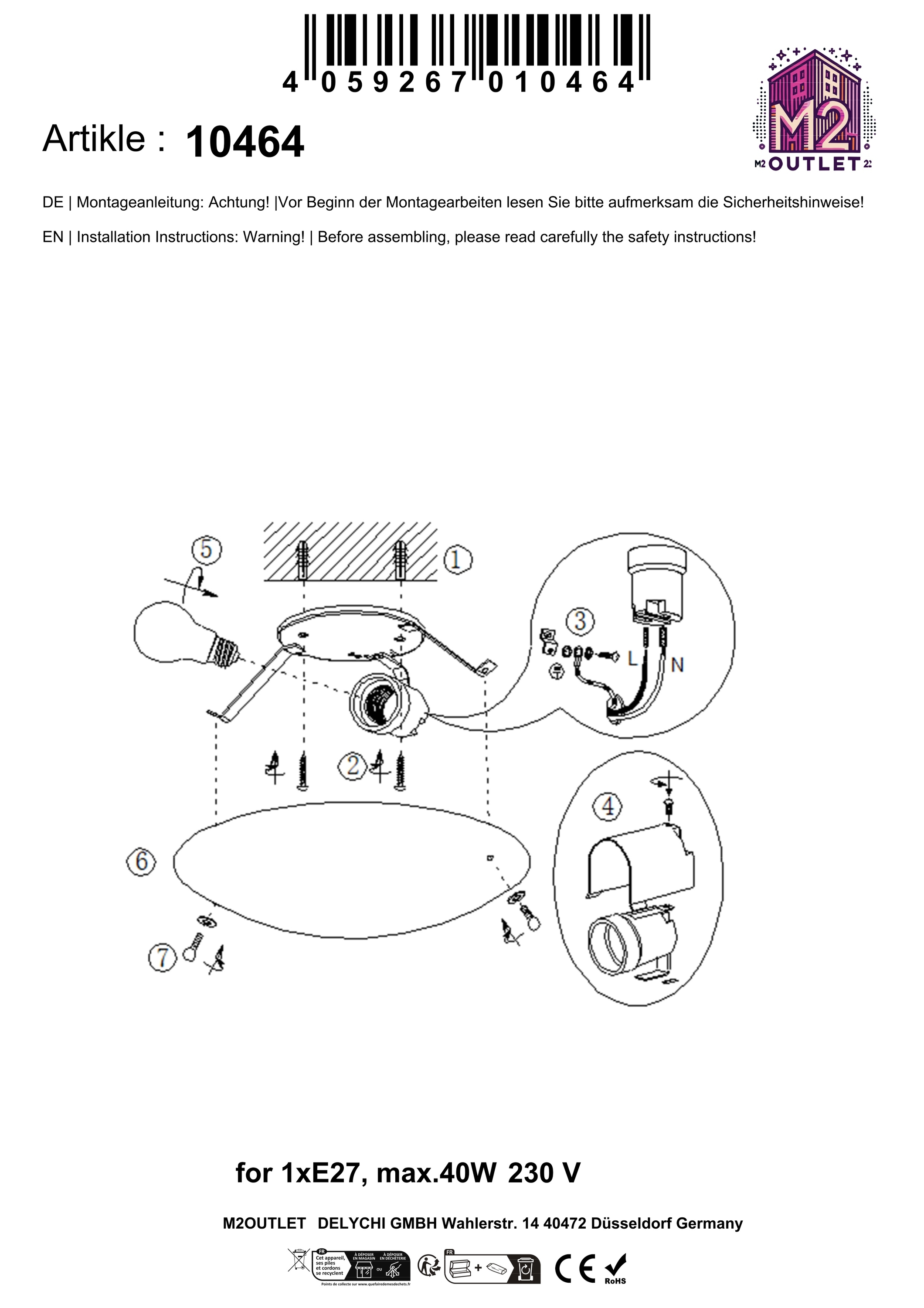 Diagramm zur Montage einer Deckenleuchte. Weißer Hintergrund.