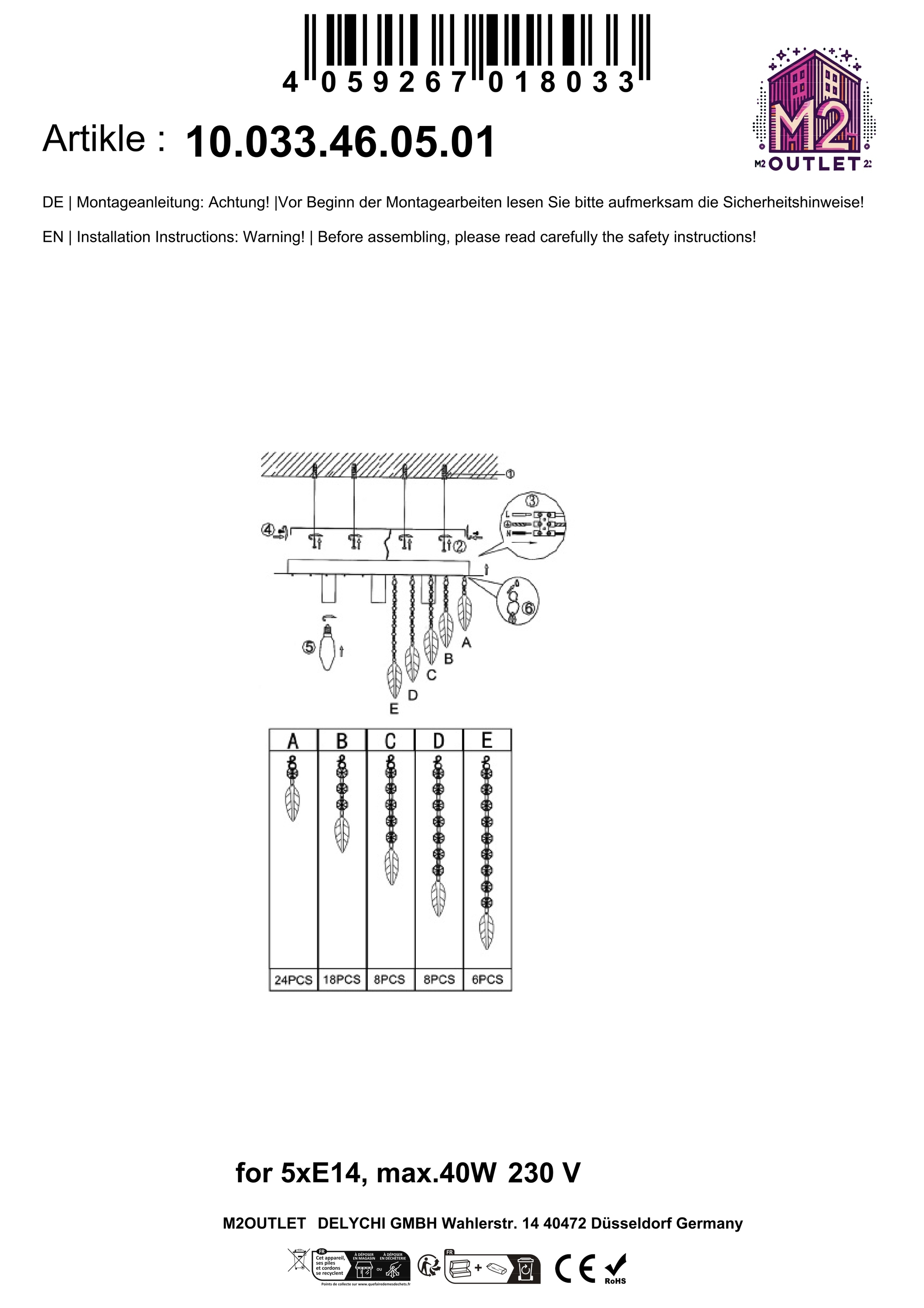 Schematische Zeichnung der Innenteile einer Lampe. Mehrere Hängeelemente werden gezeigt.