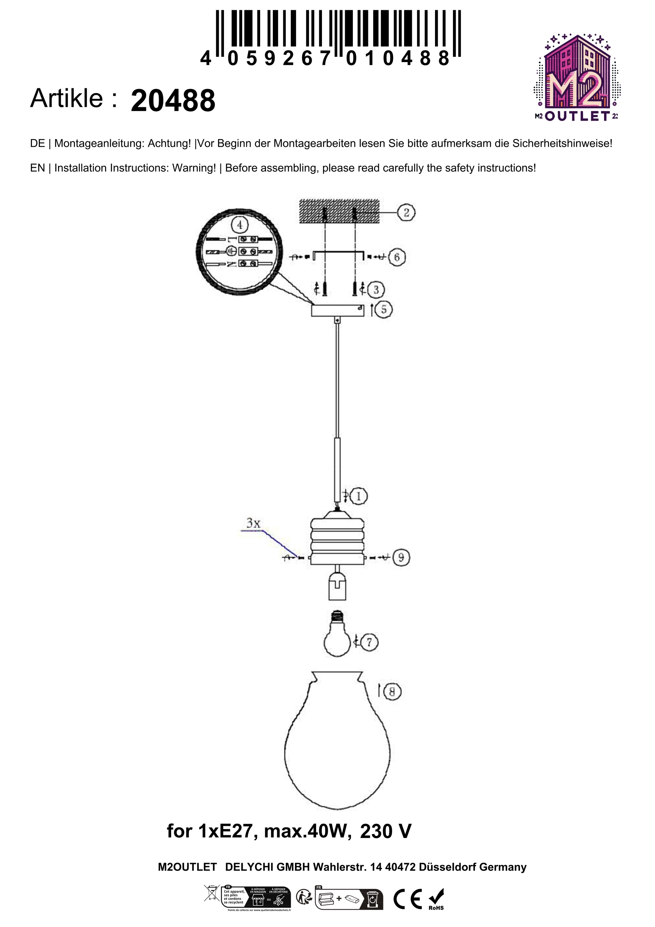 Diagramm einer Leuchte mit Anweisungen für Montage und Verdrahtung.
