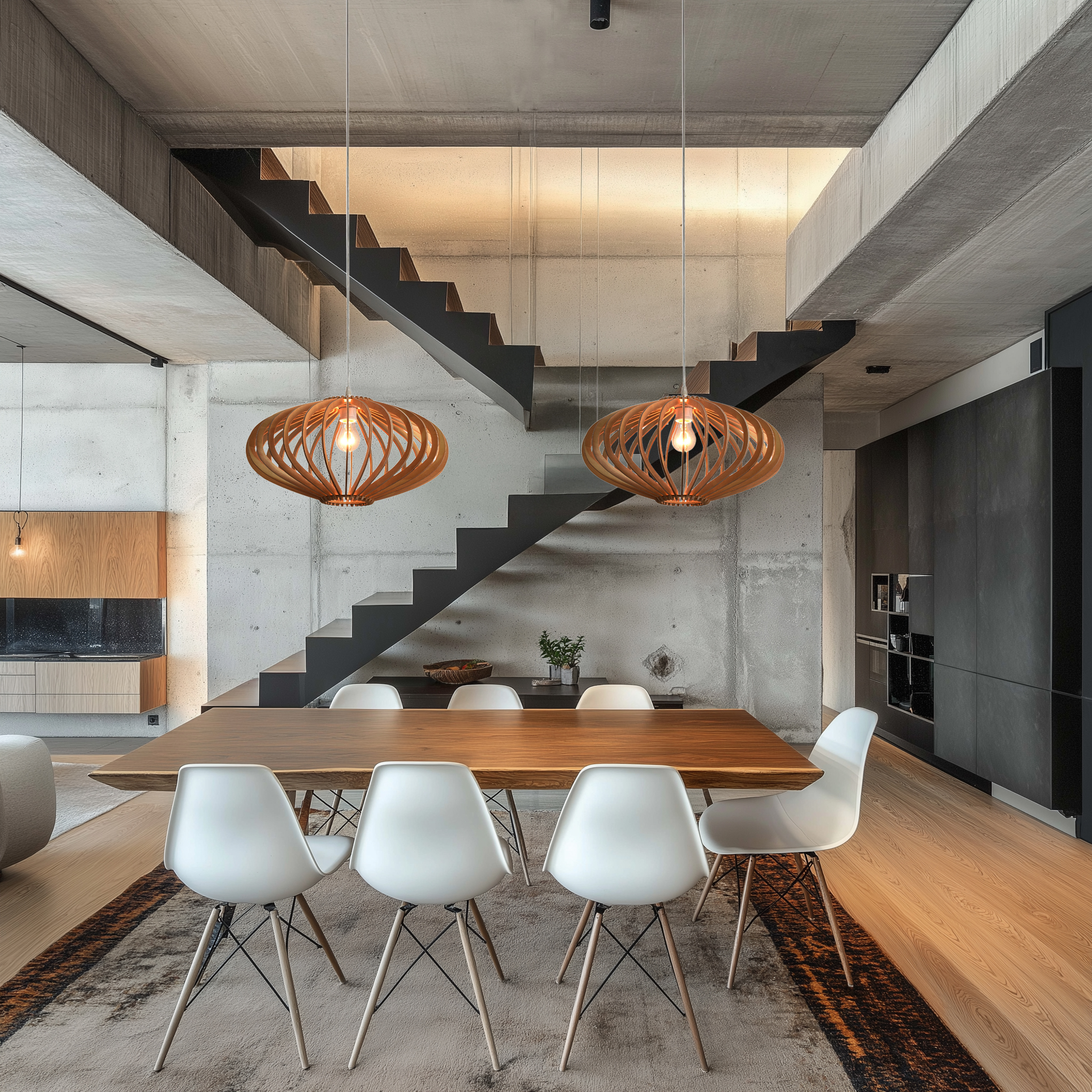 Modernes Esszimmer mit Holztisch, weißen Stühlen und hängenden Holzlampen.