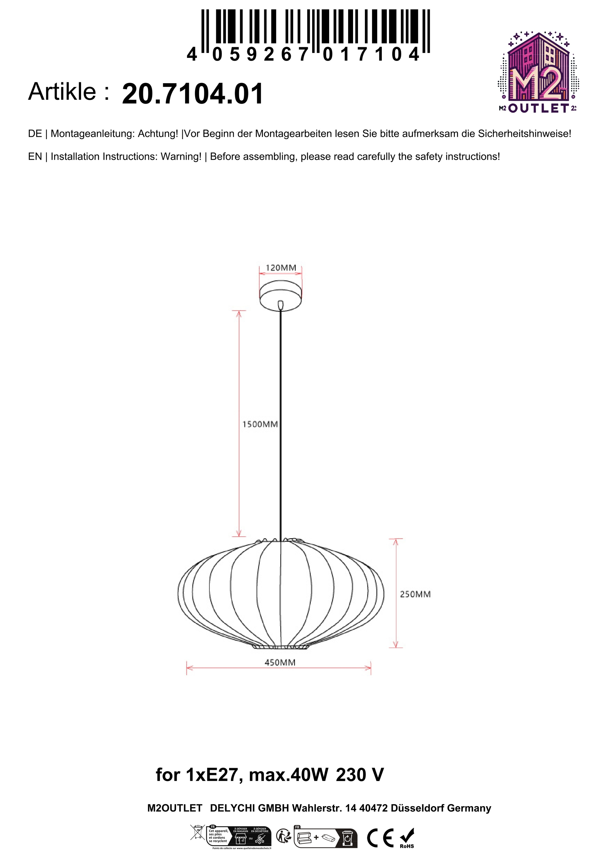 Ein Diagramm einer Pendelleuchte mit Abmessungen. Text auf Deutsch, mit Abmessungen in Millimetern.