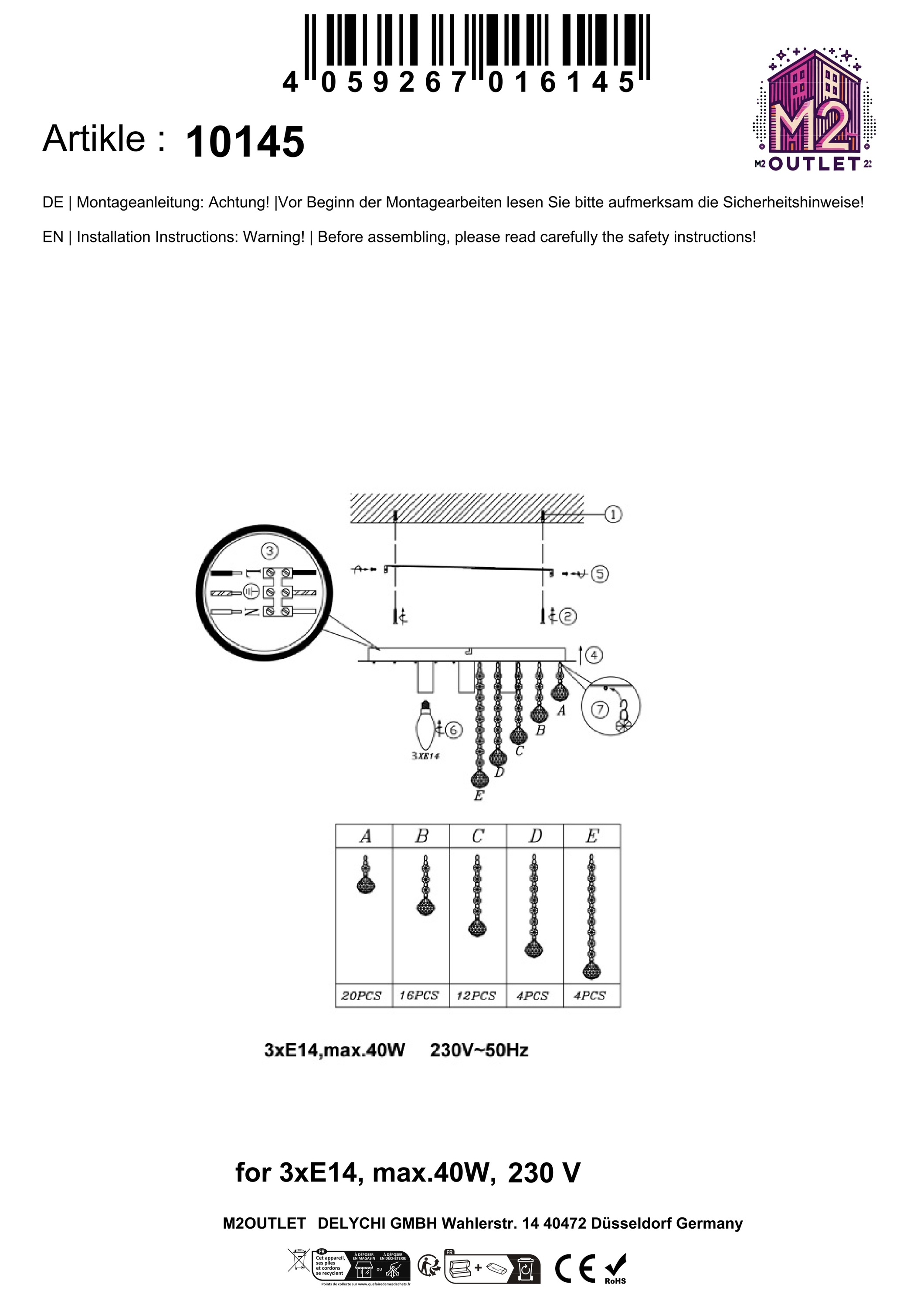 Diagramm eines Kronleuchters mit Komponenten und Montageanleitung, mit weißem Hintergrund.