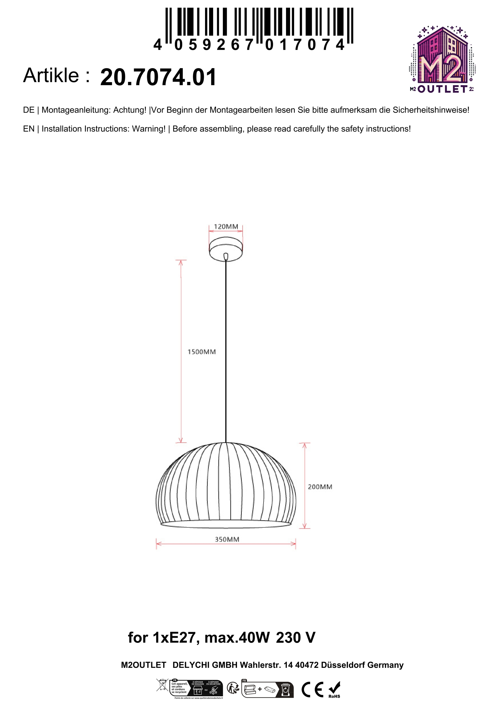 Eine Strichzeichnung einer Hängelampe mit Abmessungen. Die Lampe hat eine geschwungene Form mit Linien.