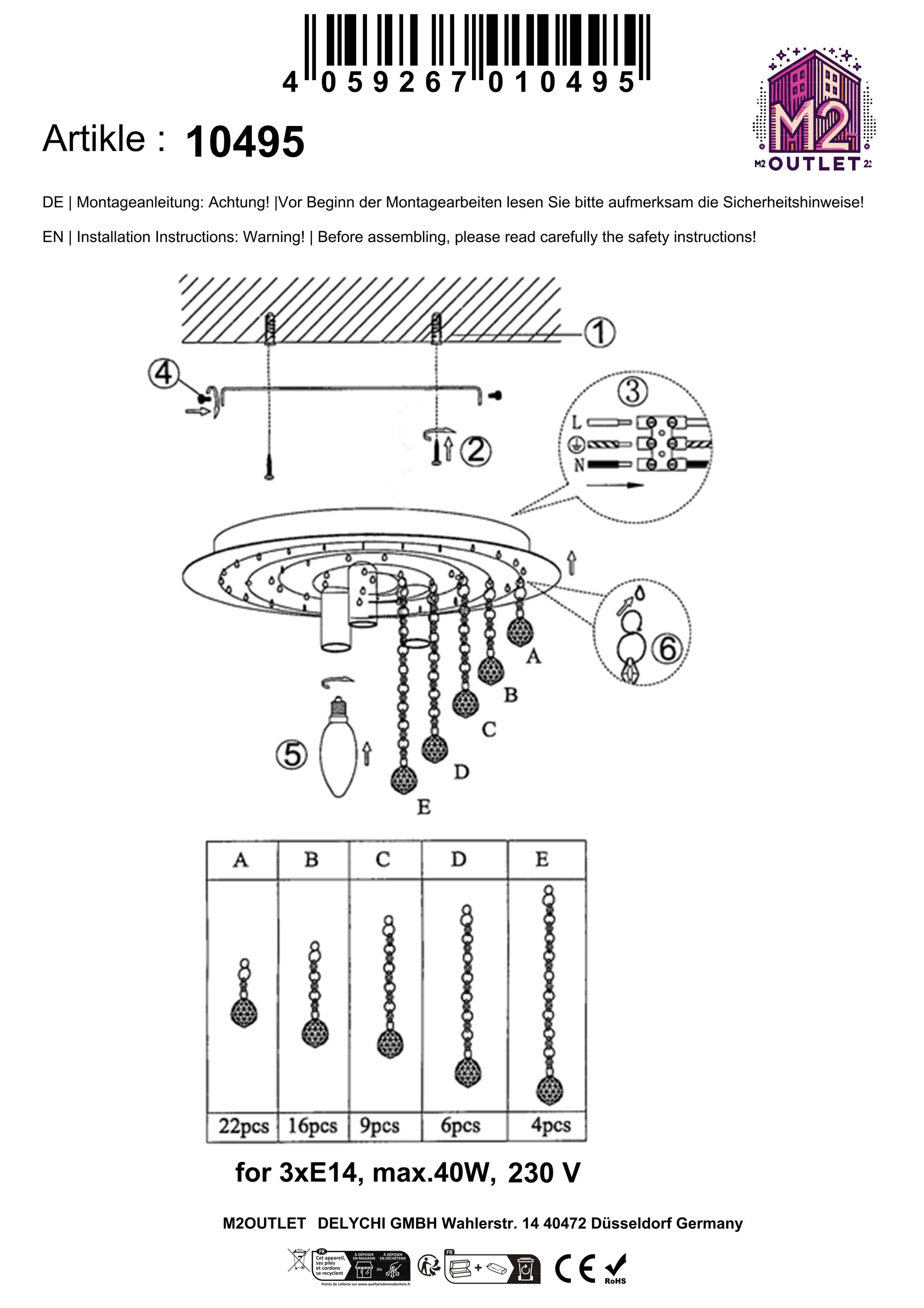 Diagramm einer Deckenlampe mit Ketten und Glühbirne, mit Textanweisungen.