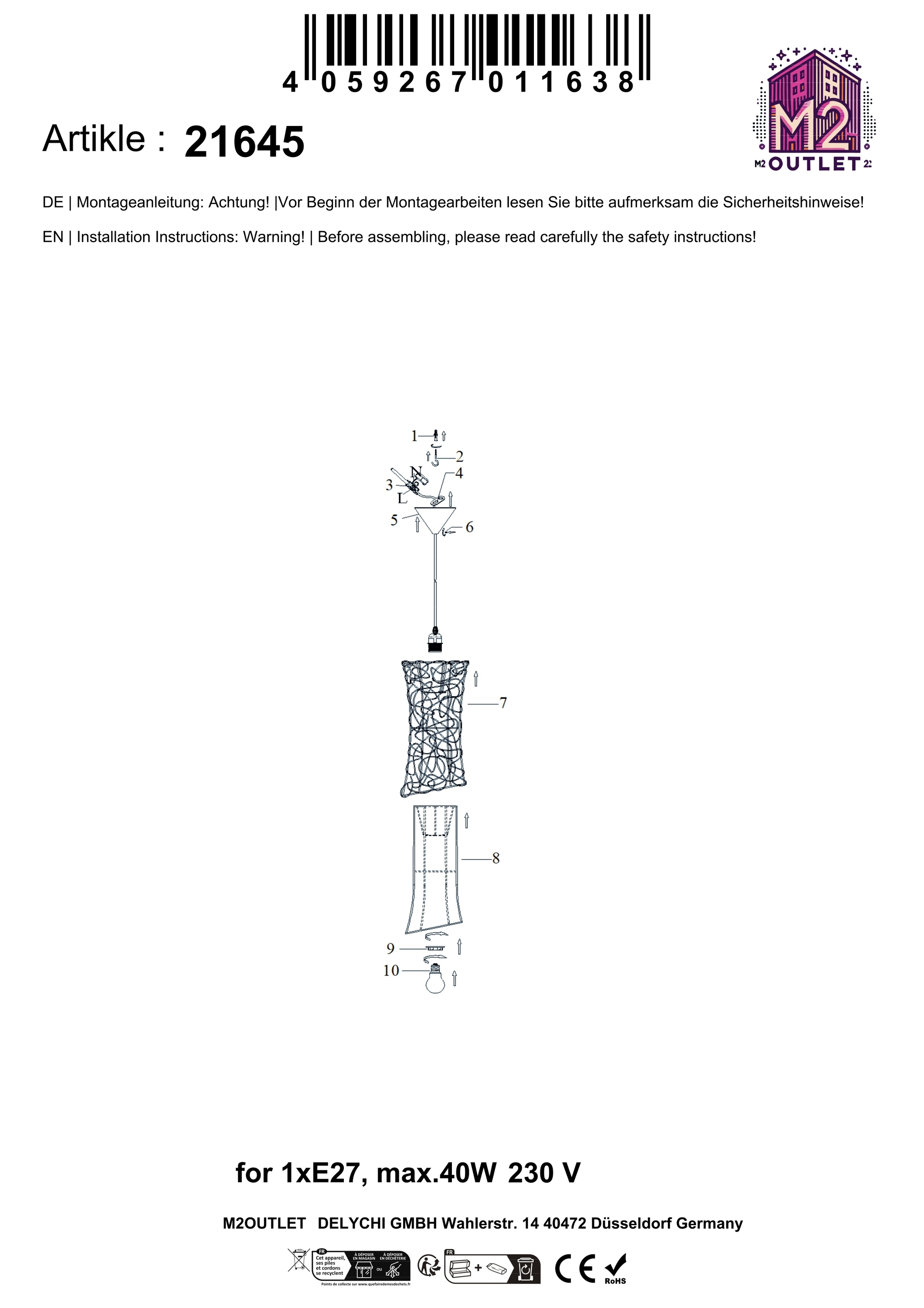 Technische Zeichnung einer Lampe mit nummerierten Komponenten und einem Produktetikett.