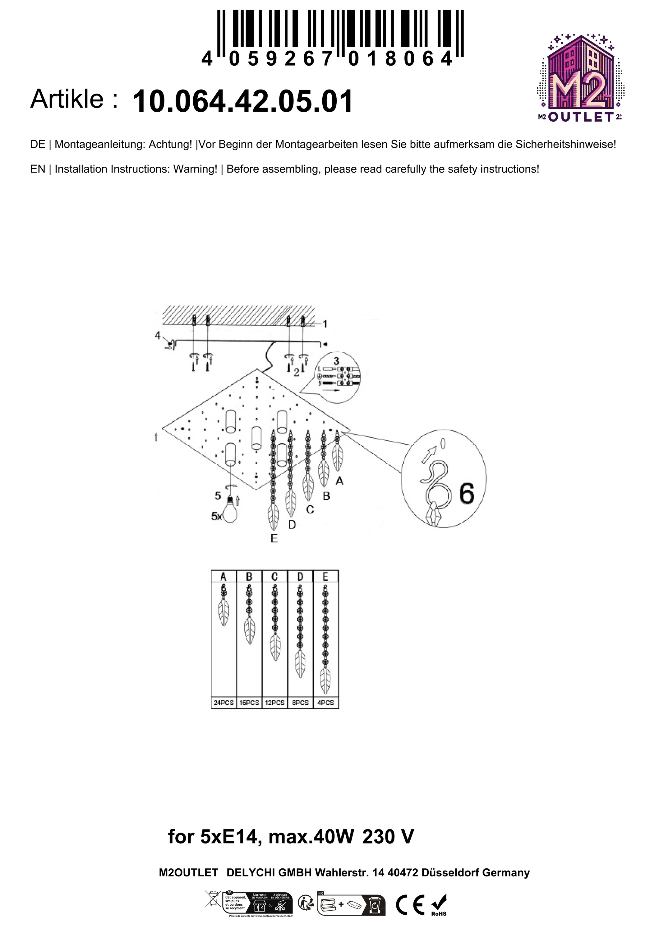 Diagramm einer Deckenleuchte mit Montageanleitung. Teile umfassen Leuchten und Schrauben.