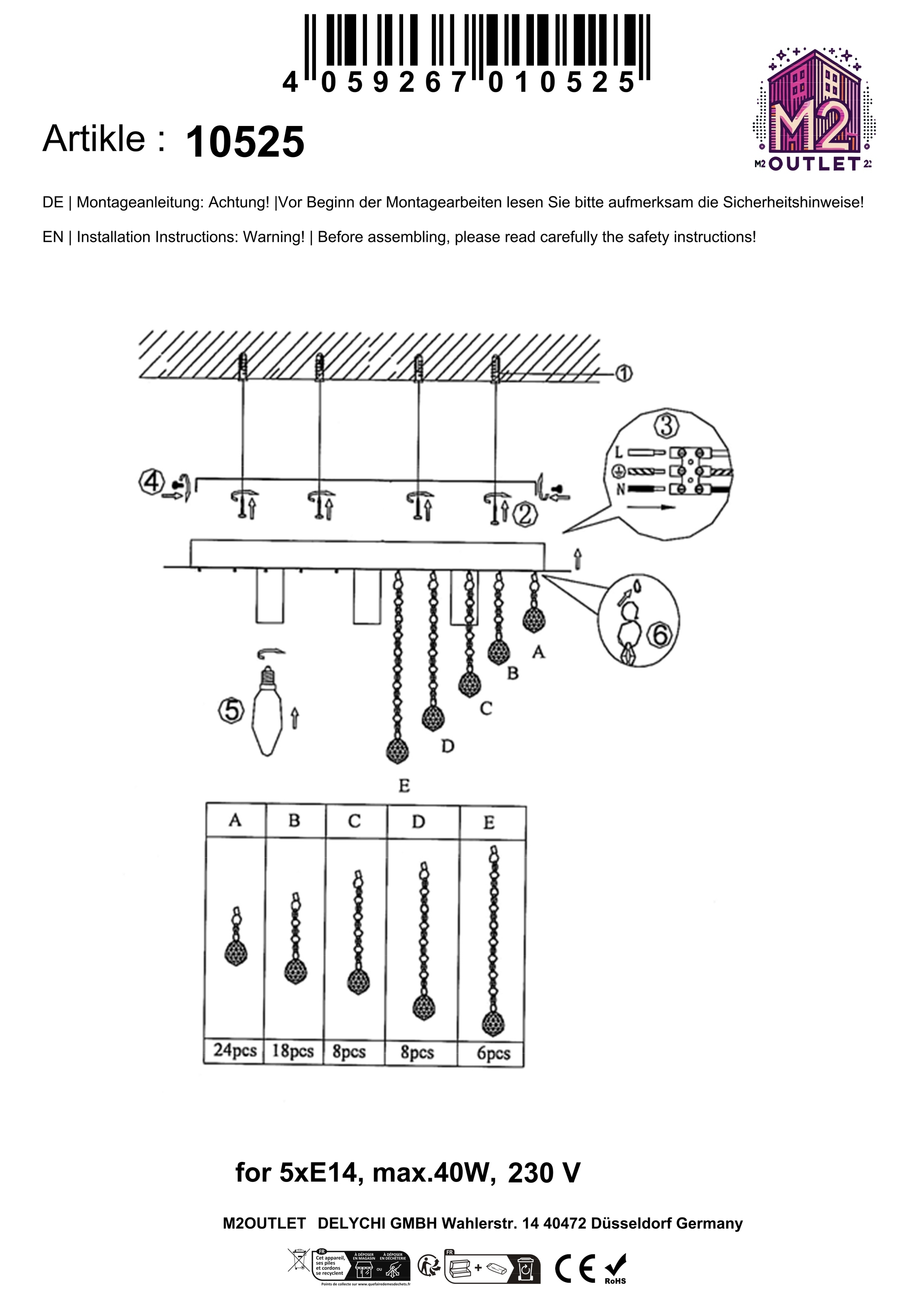 Montageanleitung für eine Hängelampe mit Komponenten, Diagrammen und Text auf Englisch und Deutsch.