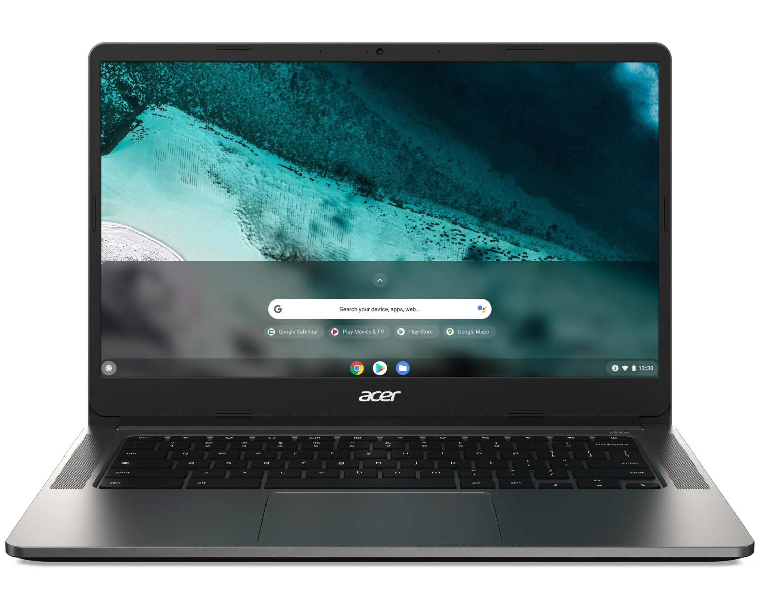 Laptop Acer Chromebook argento aperto su superficie bianca. Schermo mostra barra di ricerca.