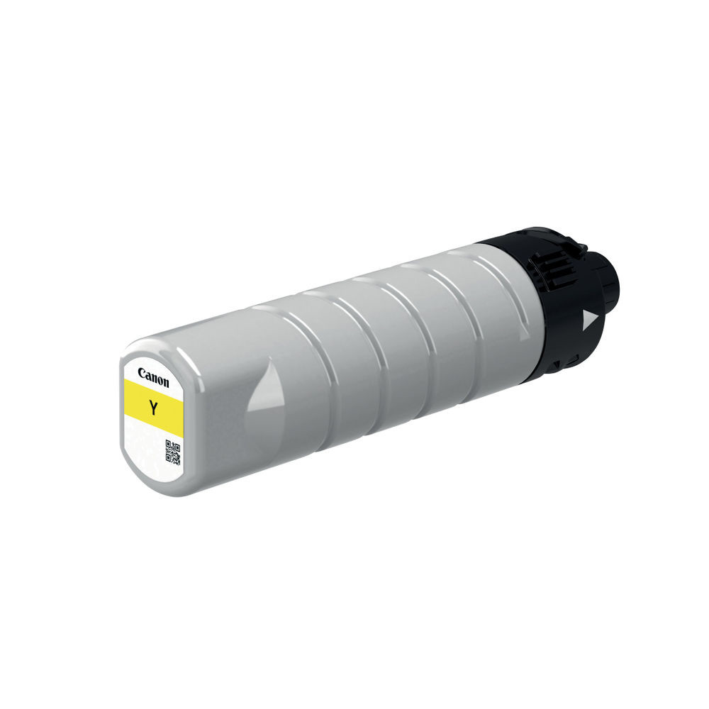 Żółty toner Canon, cylindryczny, szary, z czarną nasadką. Posiada logo Canon.