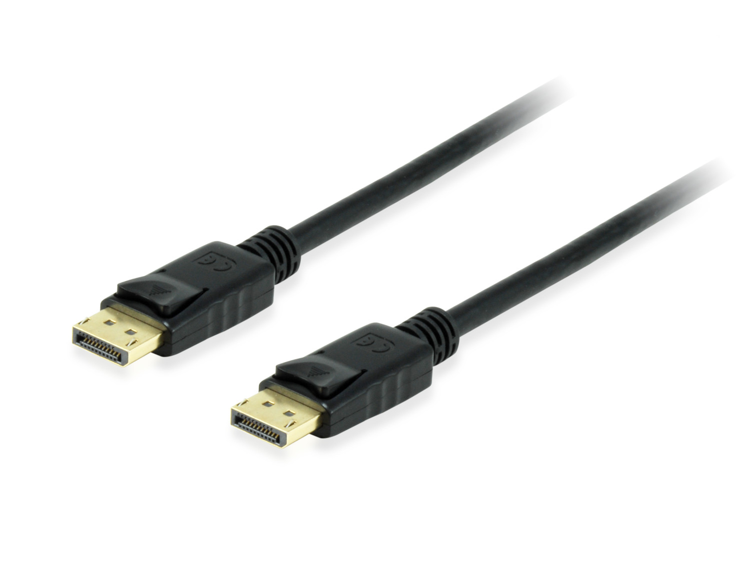 Zwarte DisplayPort-kabel met connectoren op een witte achtergrond.