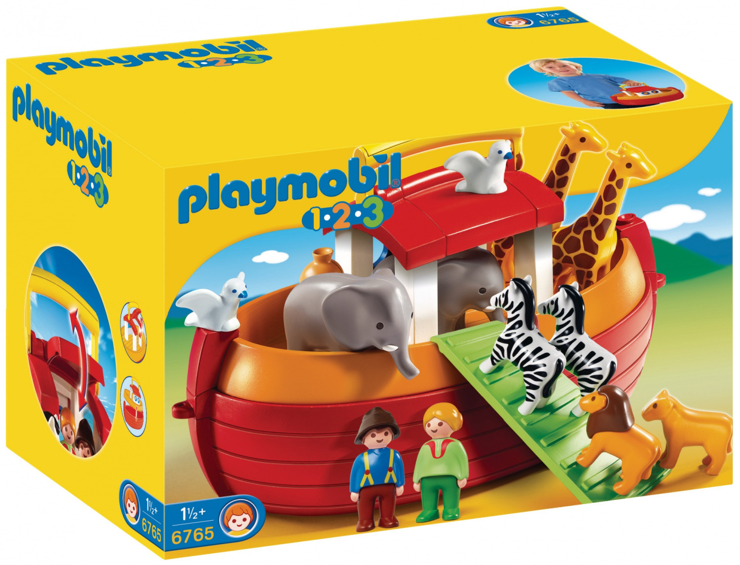 Eine Playmobil Arche Noah Box mit Tier- und Menschenfiguren, in einer gelben Box.