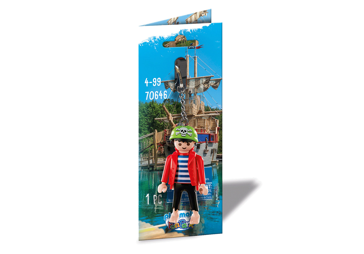 Playmobil-Schlüsselanhänger eines Piraten mit Hut und roter Jacke, auf einer Karte.