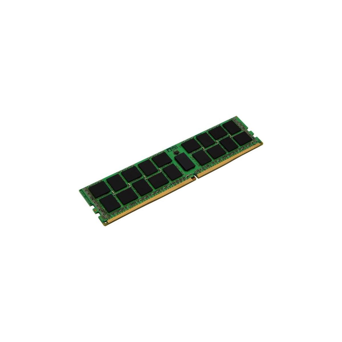 Module de mémoire RAM vert avec des puces noires, isolé sur fond blanc.