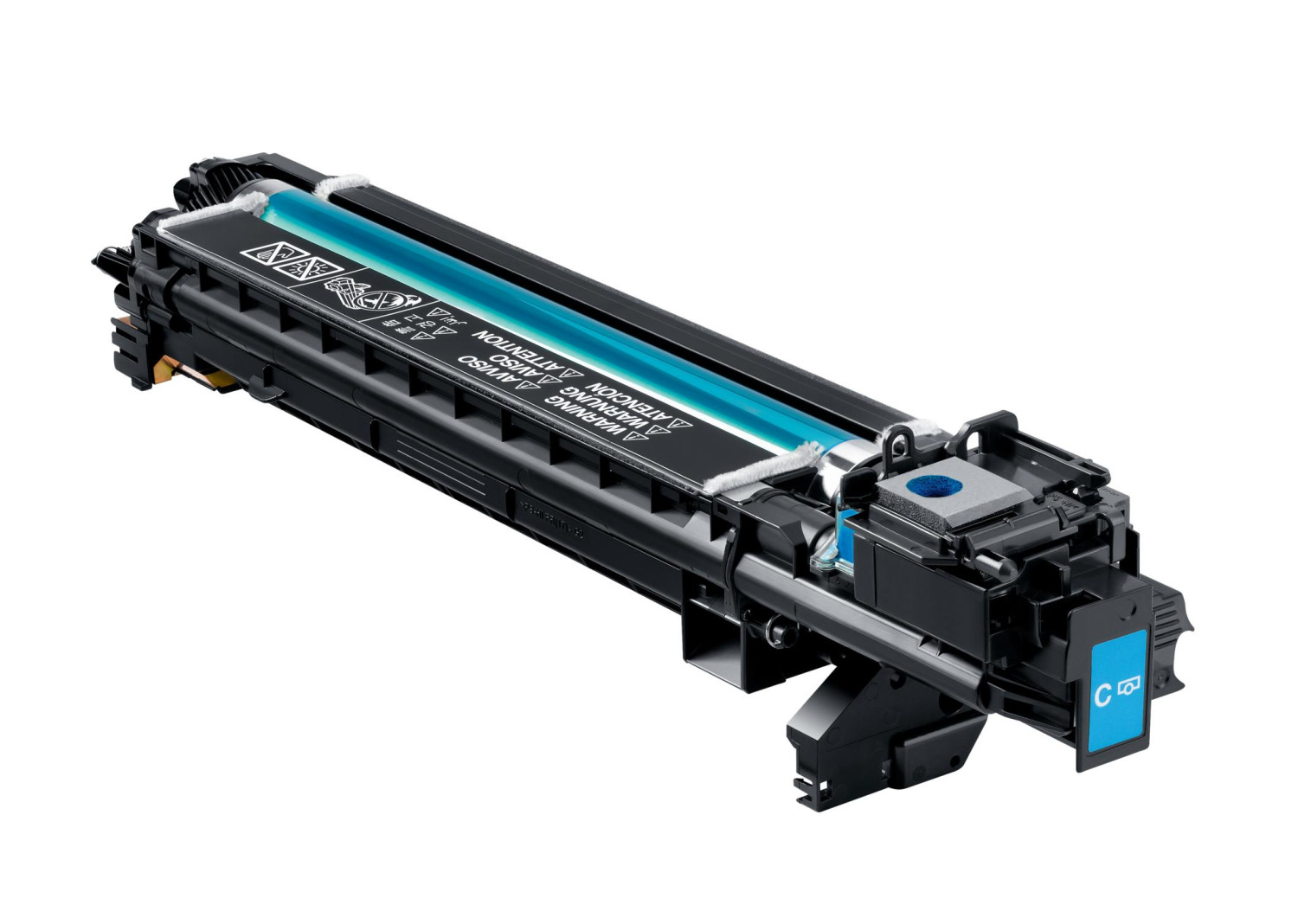 Cartuccia toner ciano. La cartuccia è nera e ha un cilindro blu.
