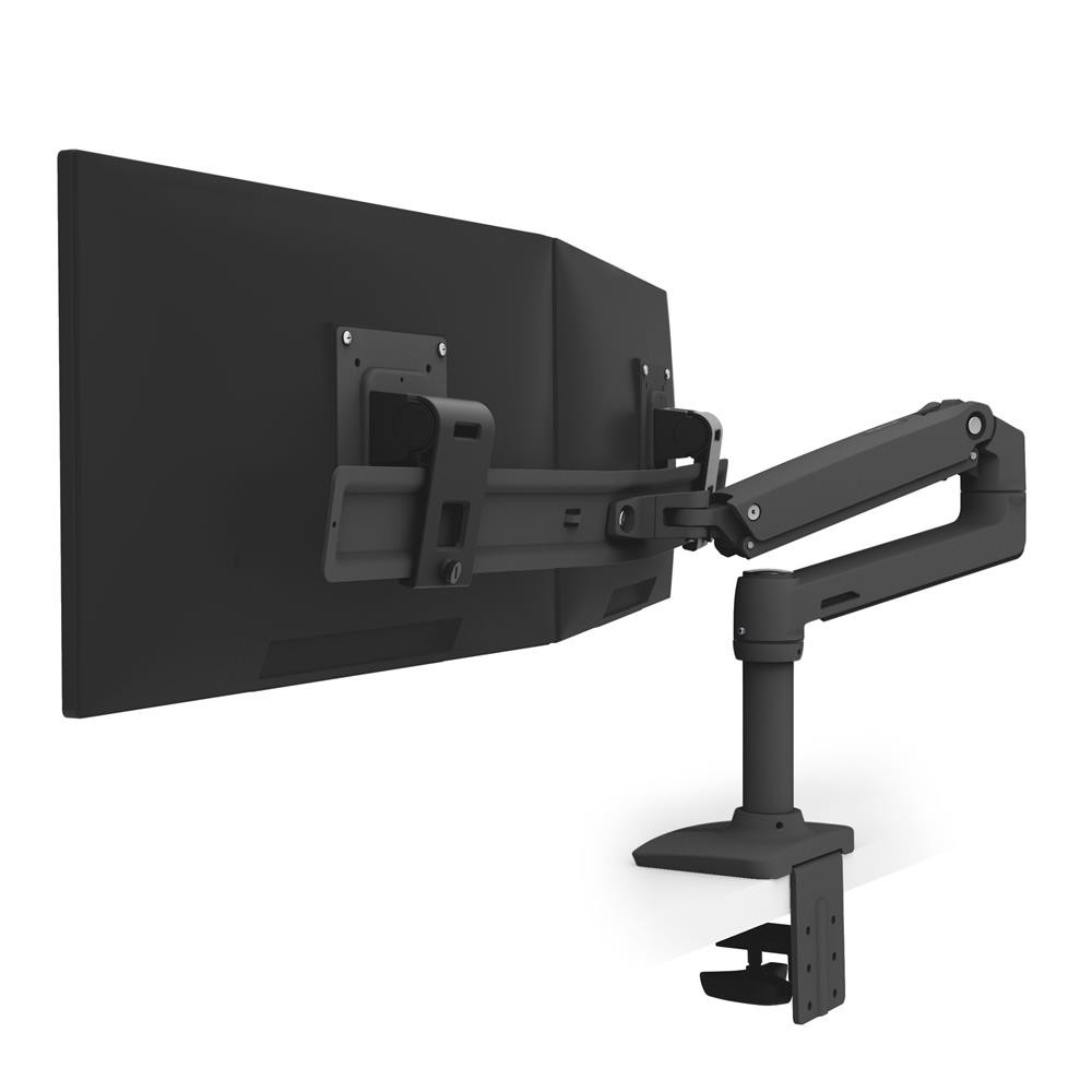 Een zwarte monitor gemonteerd op een scharnierende arm, bevestigd aan een bureausteun van het klemtype.