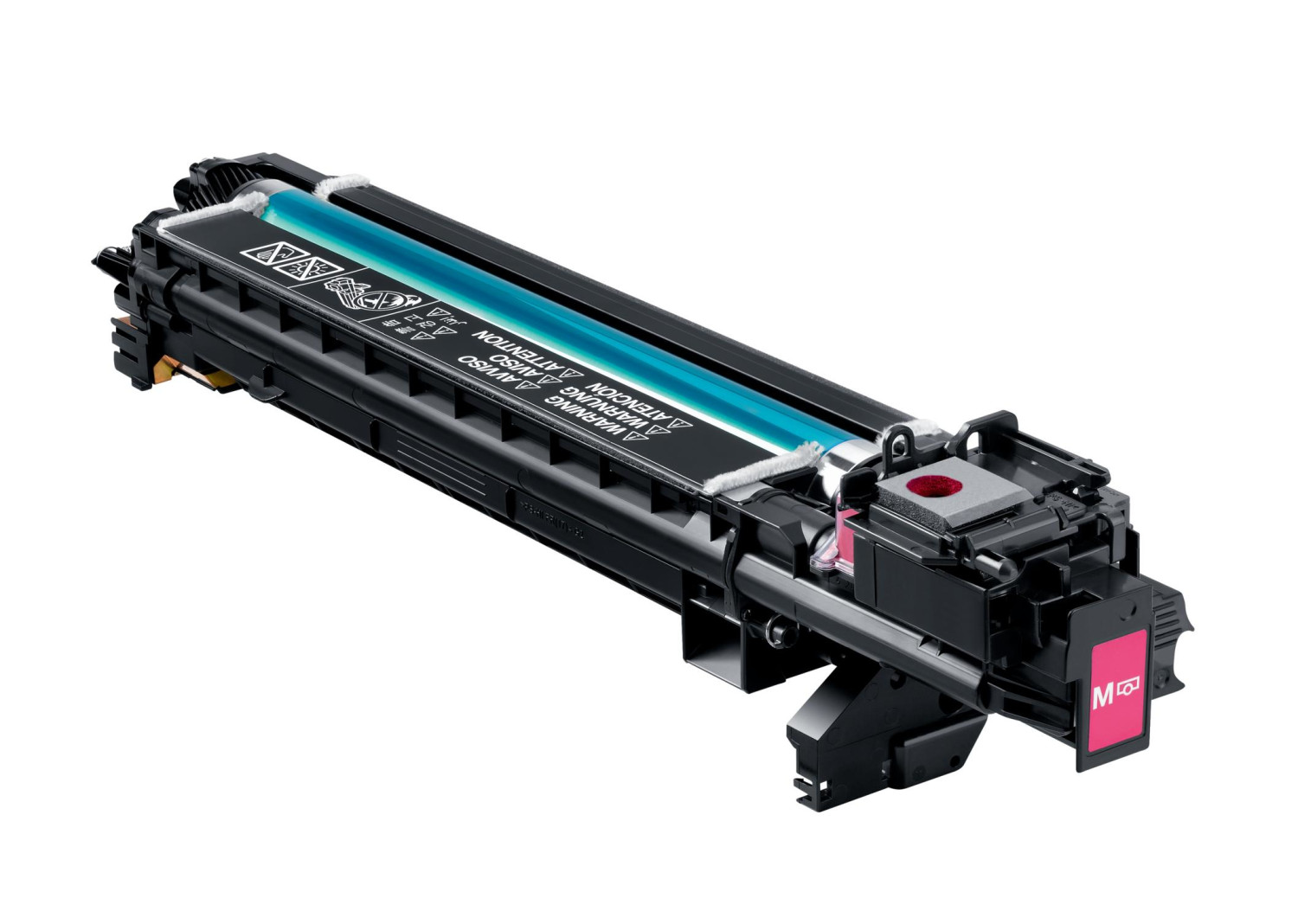 Una cartuccia toner nera e rosa, mostrata su sfondo bianco.