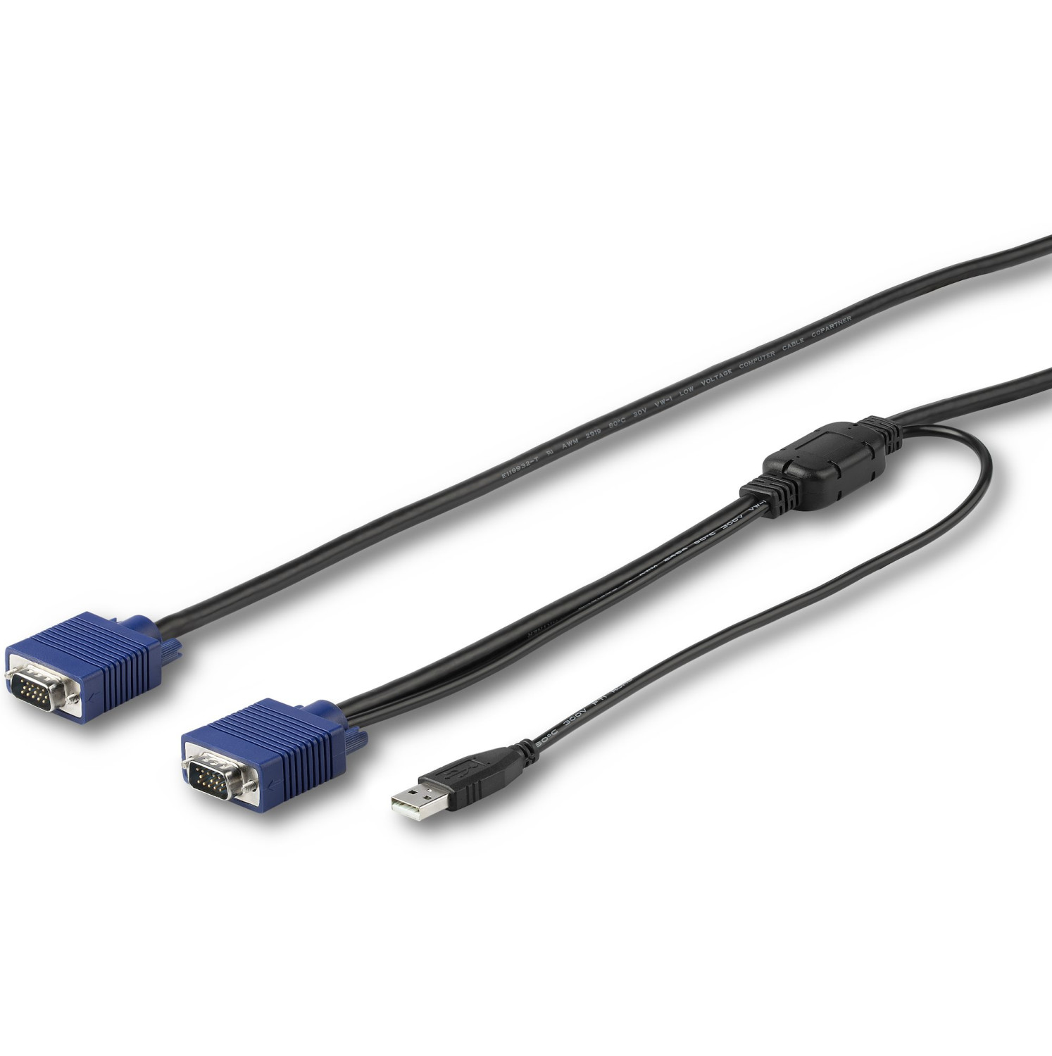 Zwei blaue VGA-Kabel und ein USB-Kabel liegen auf einer weißen Oberfläche.