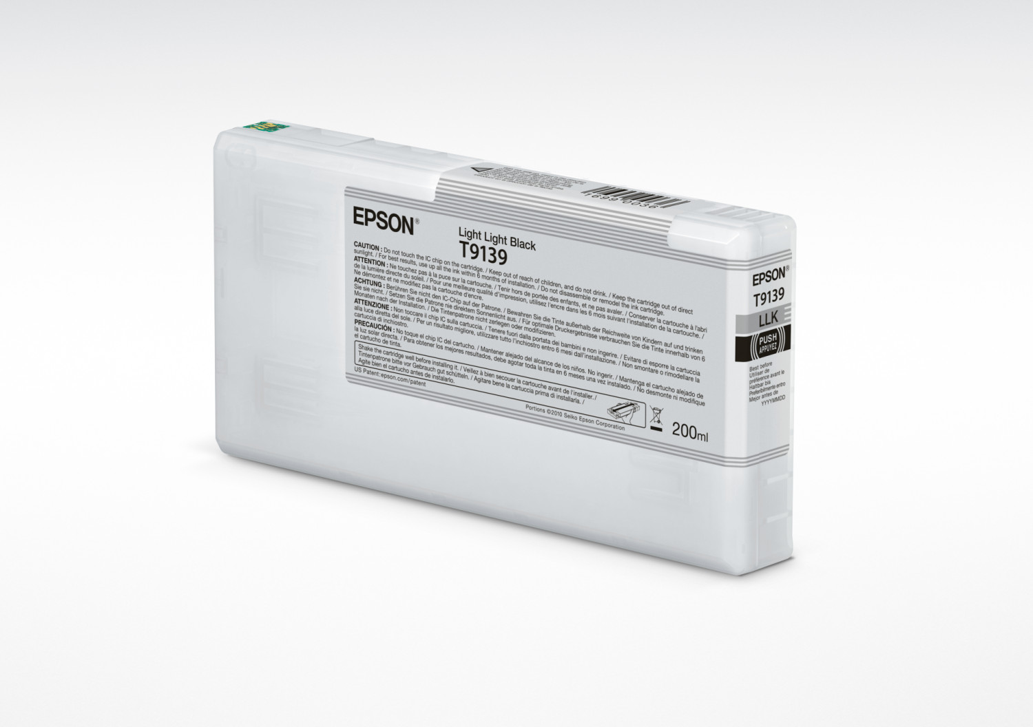 Een printerinktcartridge. Het is wit met tekst en de merknaam "Epson" erop.