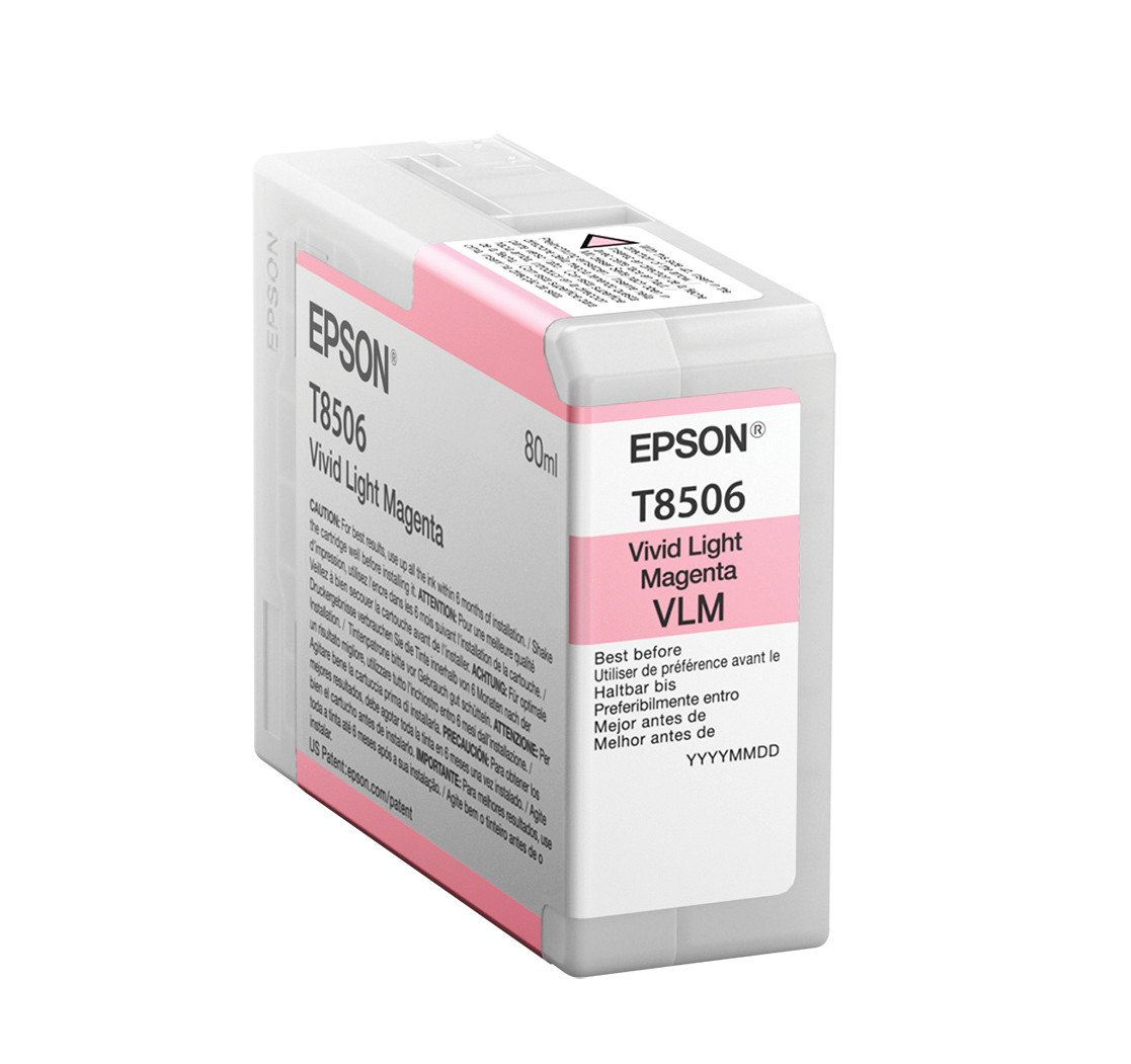 Una cartuccia di inchiostro Epson Vivid Light Magenta. La cartuccia è bianca e rosa.