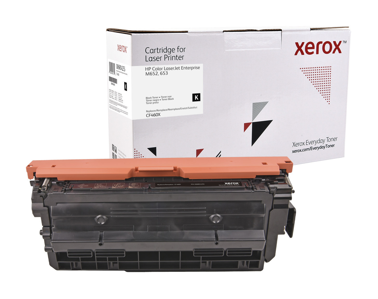 Cartuccia stampante Xerox in una scatola su sfondo bianco. Colore nero.