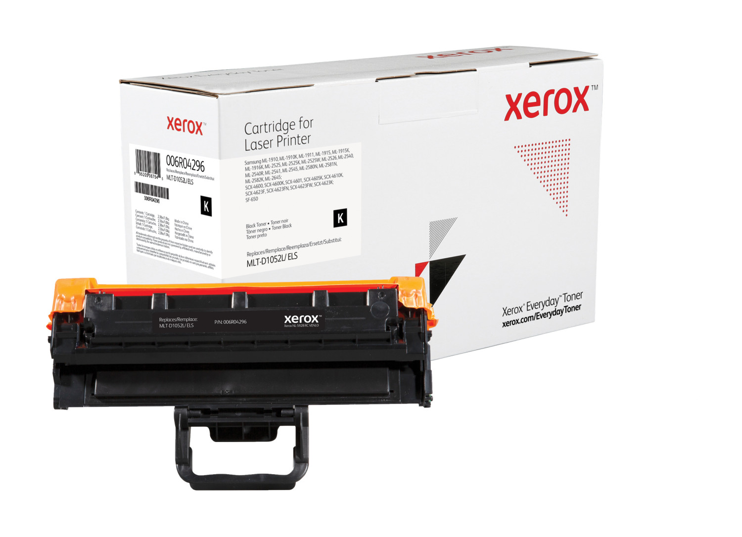 Cartuccia toner nera e arancione accanto alla sua scatola. Lo sfondo è bianco.