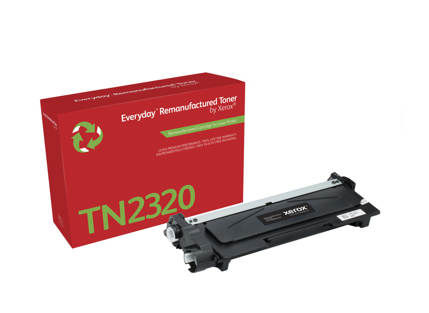 Rode en witte tonercartridge doos en een zwarte tonercartridge. Tekst luidt 'TN2320'.