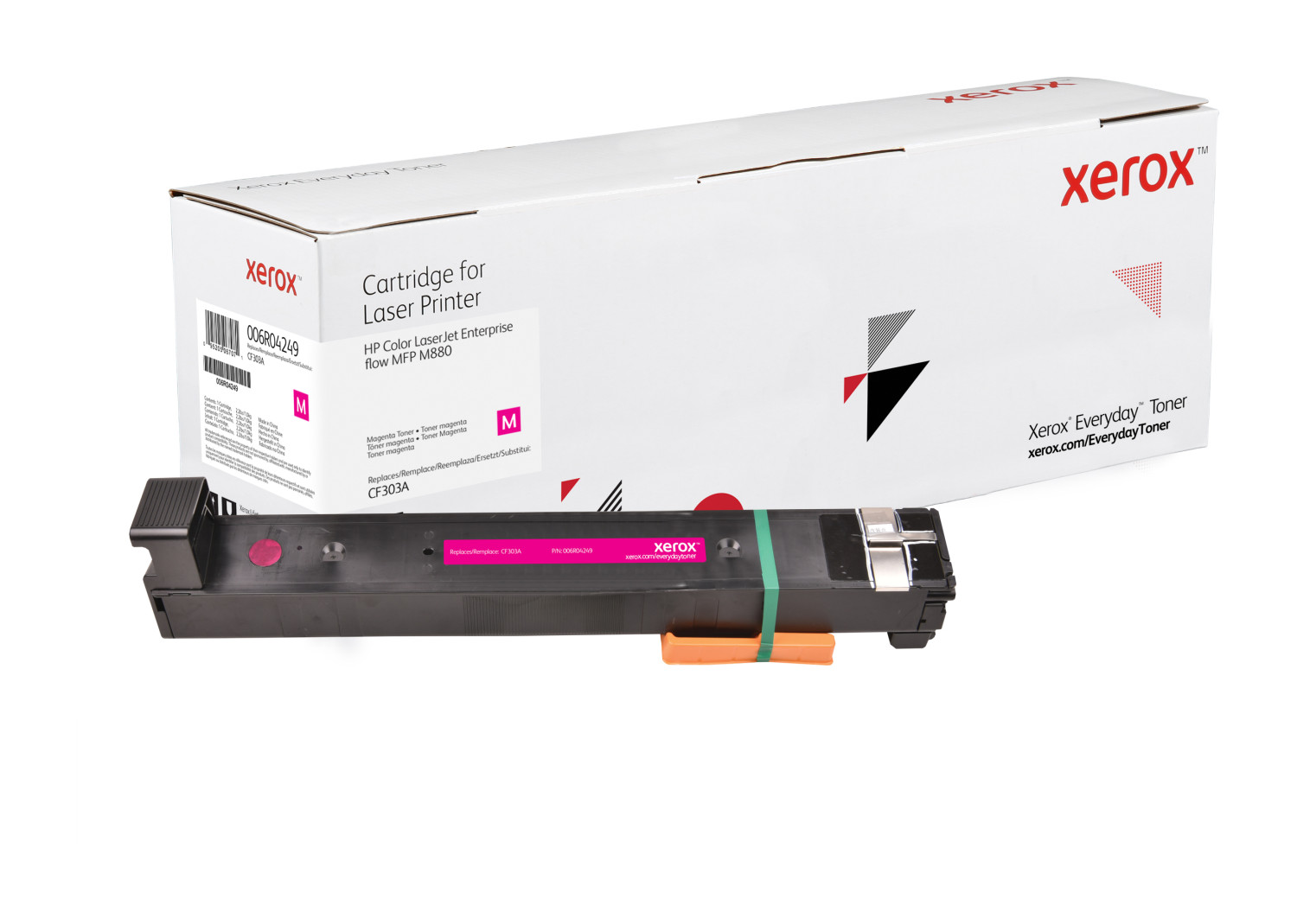 Una cartuccia toner Xerox con una scatola. La cartuccia è nera, verde e magenta.