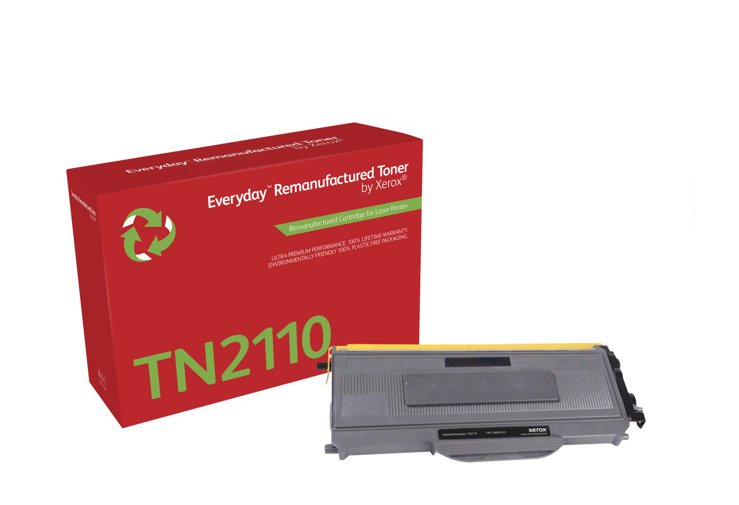 Czerwone i białe pudełko z wkładem do tonera. Na pudełku napisano Everyday Remanufactured Toner by Xerox, TN2110.