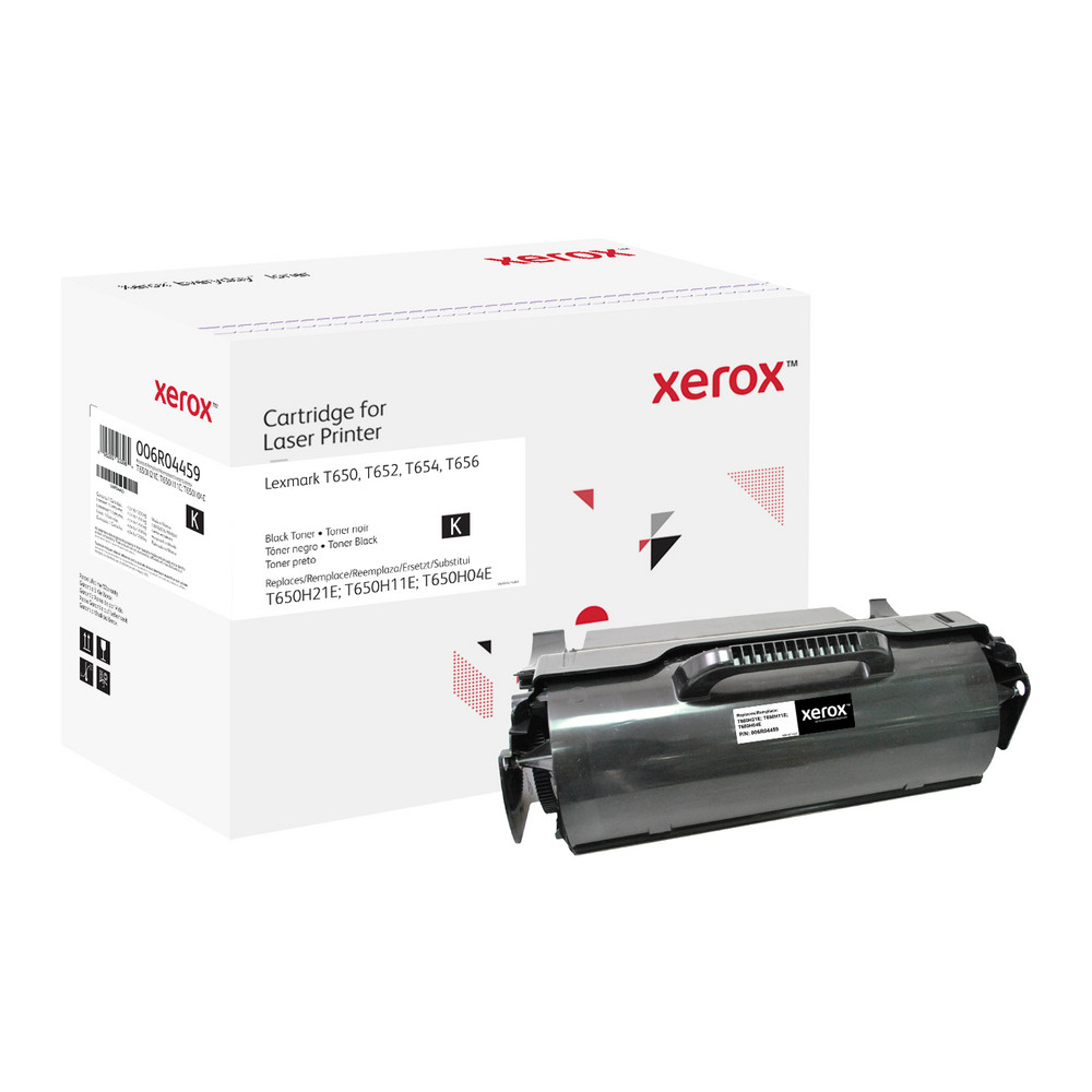 Czarny toner Xerox w białym pudełku. Pudełko i toner mają markę i informacje o produkcie.