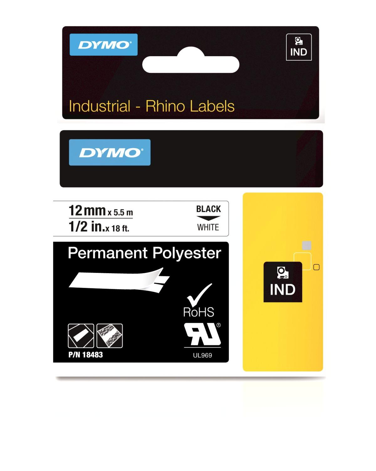Etichette industriali DYMO, bianco e nero, con dettagli e logo.