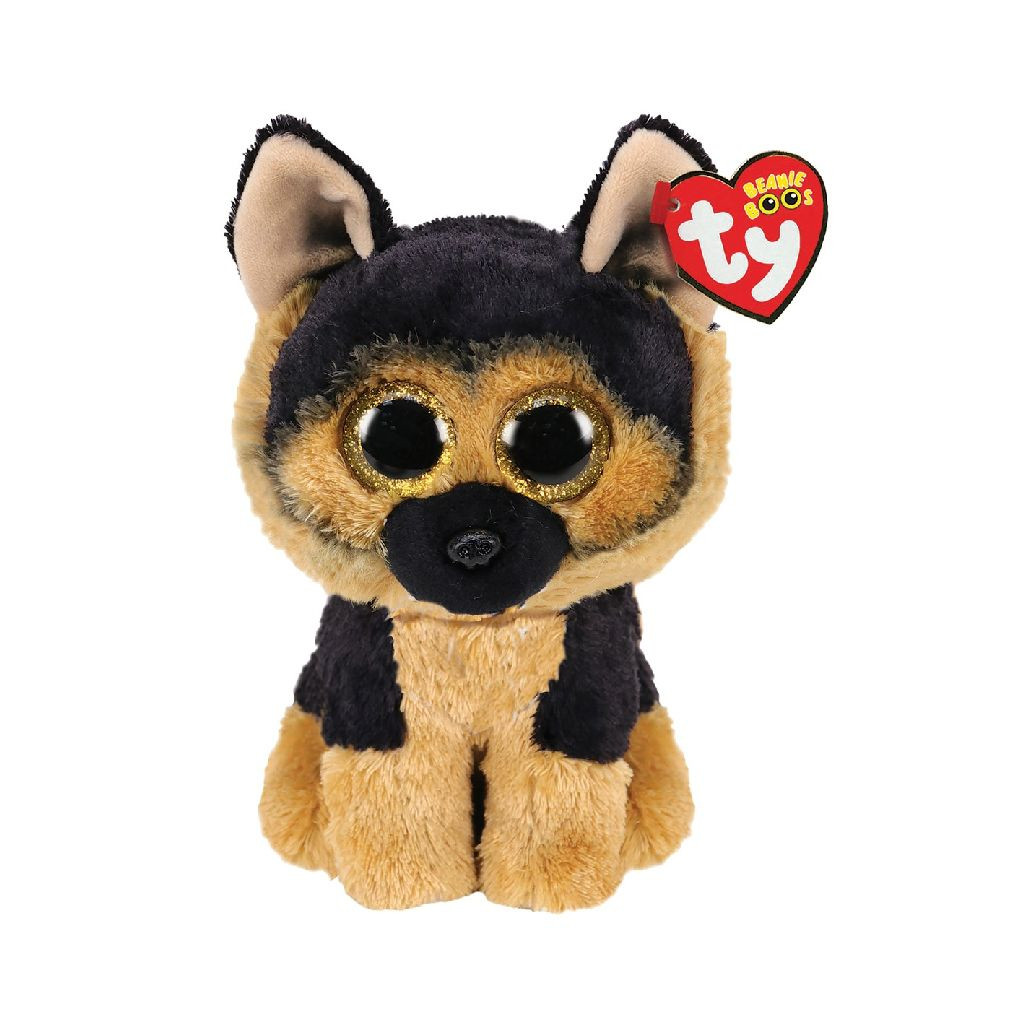 A Ty Beanie Boo plush toy German Shepherd with black and tan fur and big eyes, with a tag.